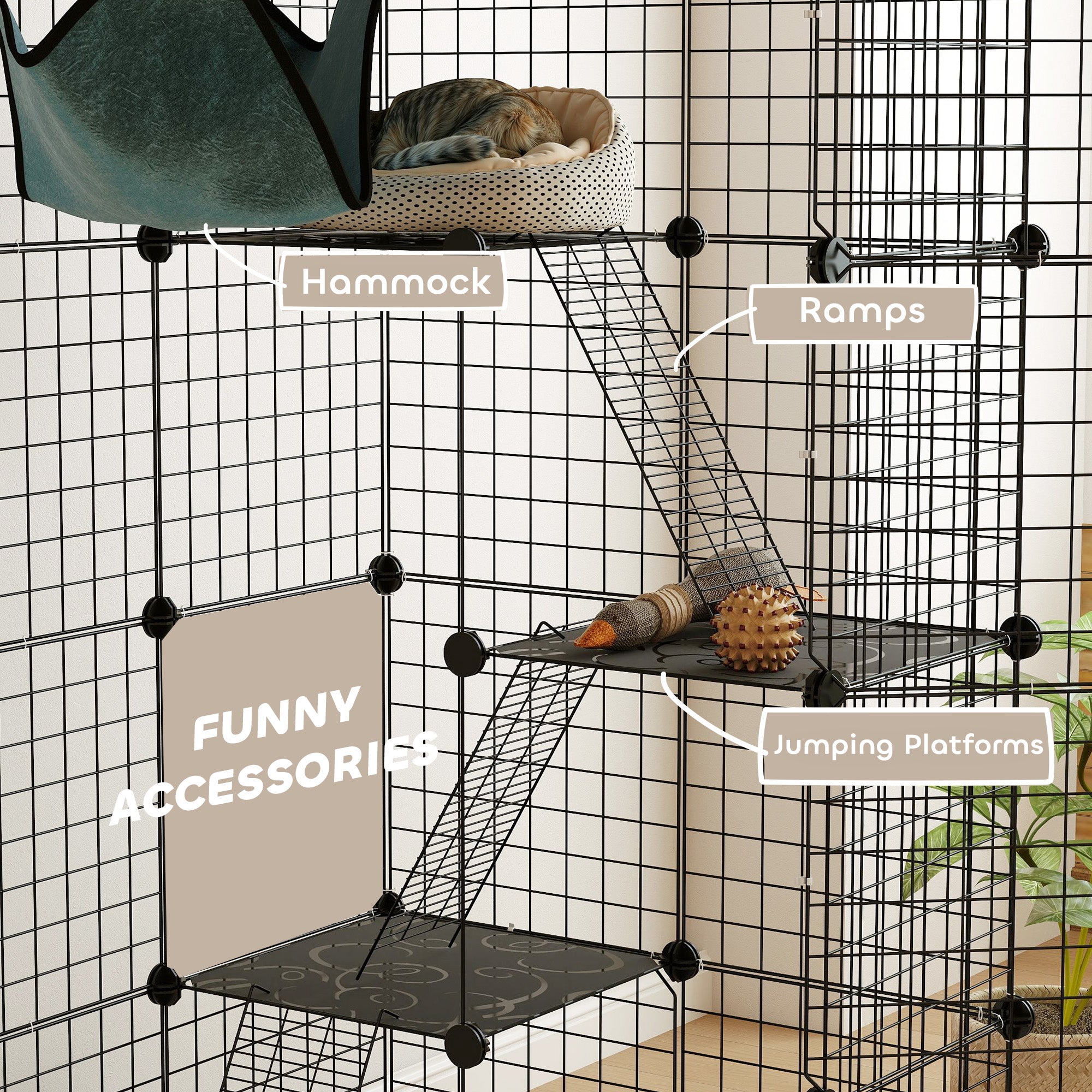 4-Tier DIY Large Cat Cage with Hammock, Platforms, Ramps, Accessories for 1-3 Cats, Indoor Use, Black