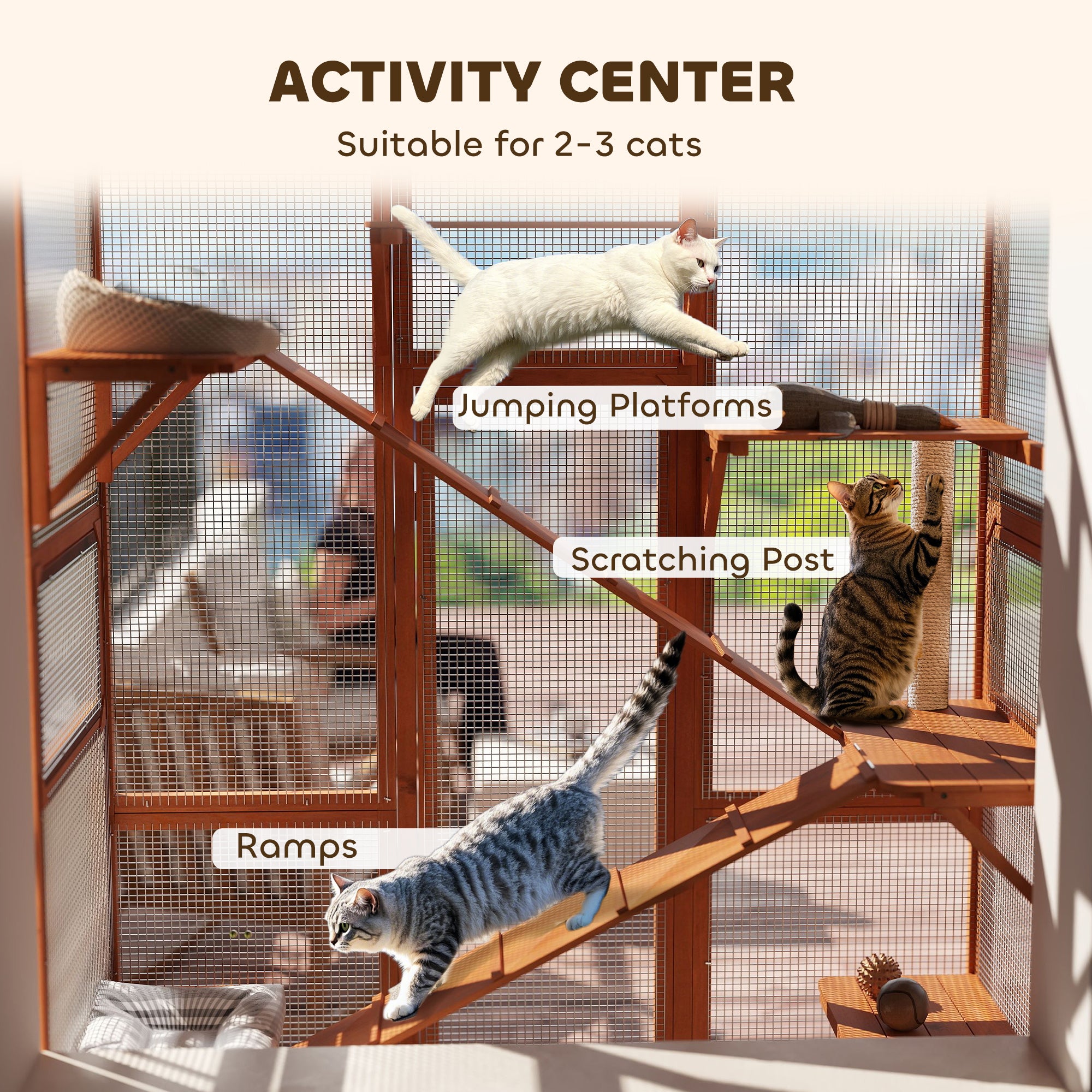 Large Outdoor Catio with 6 Jumping Platforms, Scratching Post, 2 Ramps, Waterproof Roof, Orange