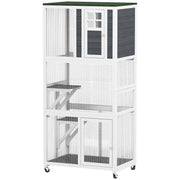 Niche pour chat d’extérieur en bois de 74", résistante aux intempéries et montée sur roulettes, avec grande capacité de charge, cage et condo pour chaton, blanche