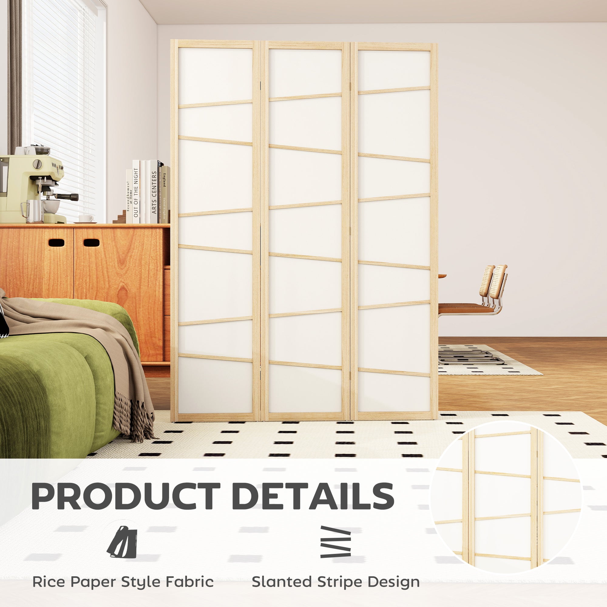 66.9" Folding Room Divider, 3 Panel Wall Partition with Wood Frame for Bedroom, Home Office, Natural Wood