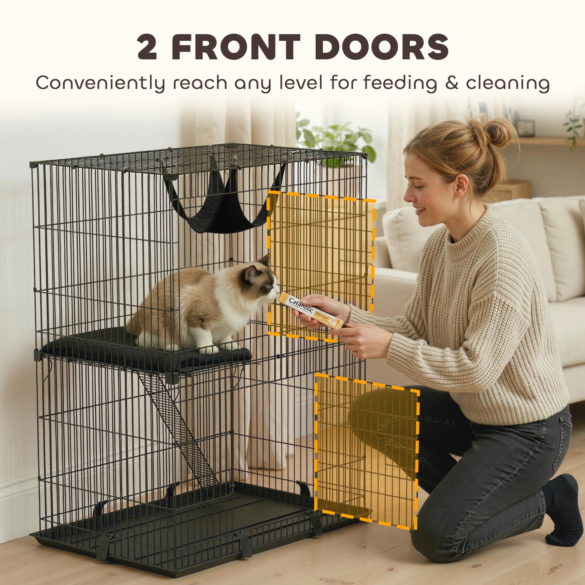 2-Tier Cat Cage Indoor, Detachable Metal Wire Kennel with Hammock, Platform, Tray and Cushion for 1-2 Kittens