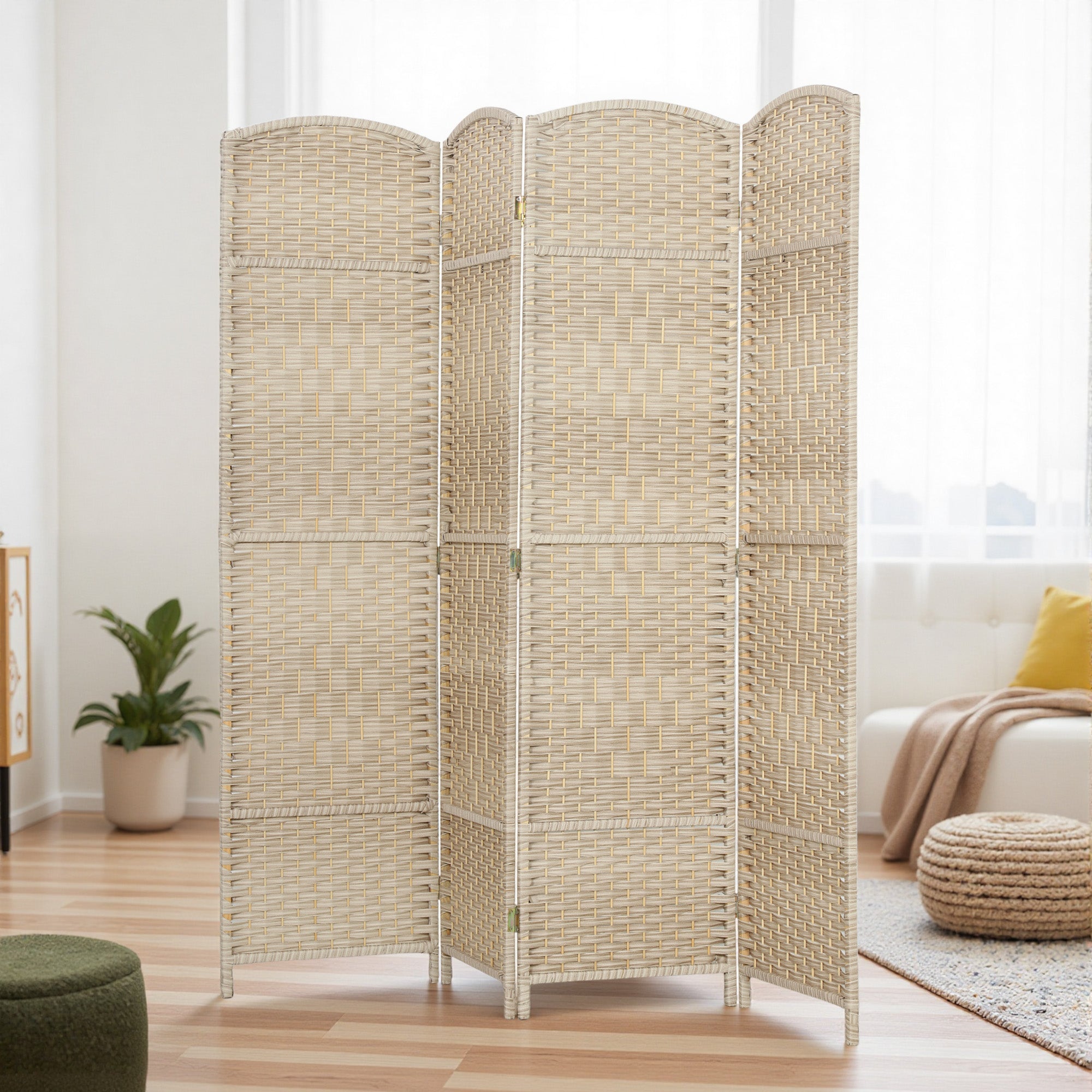 6 Ft Tall Folding Room Divider, 4 Panel Portable Privacy Screen, Hand-Woven Partition Wall Divider, Light Oak