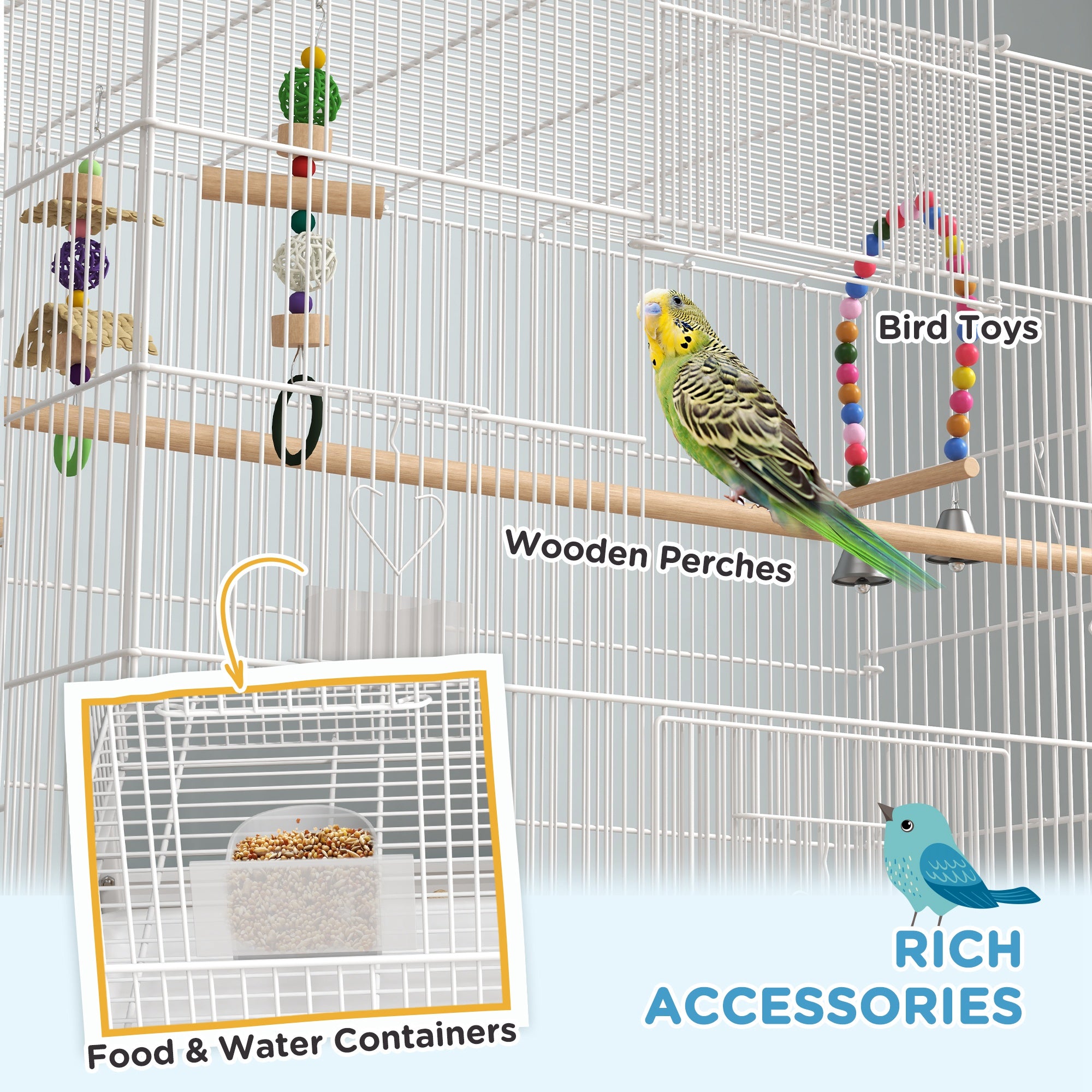 52" Bird Cage with Rolling Stand, Toys, for Budgies Canaries White