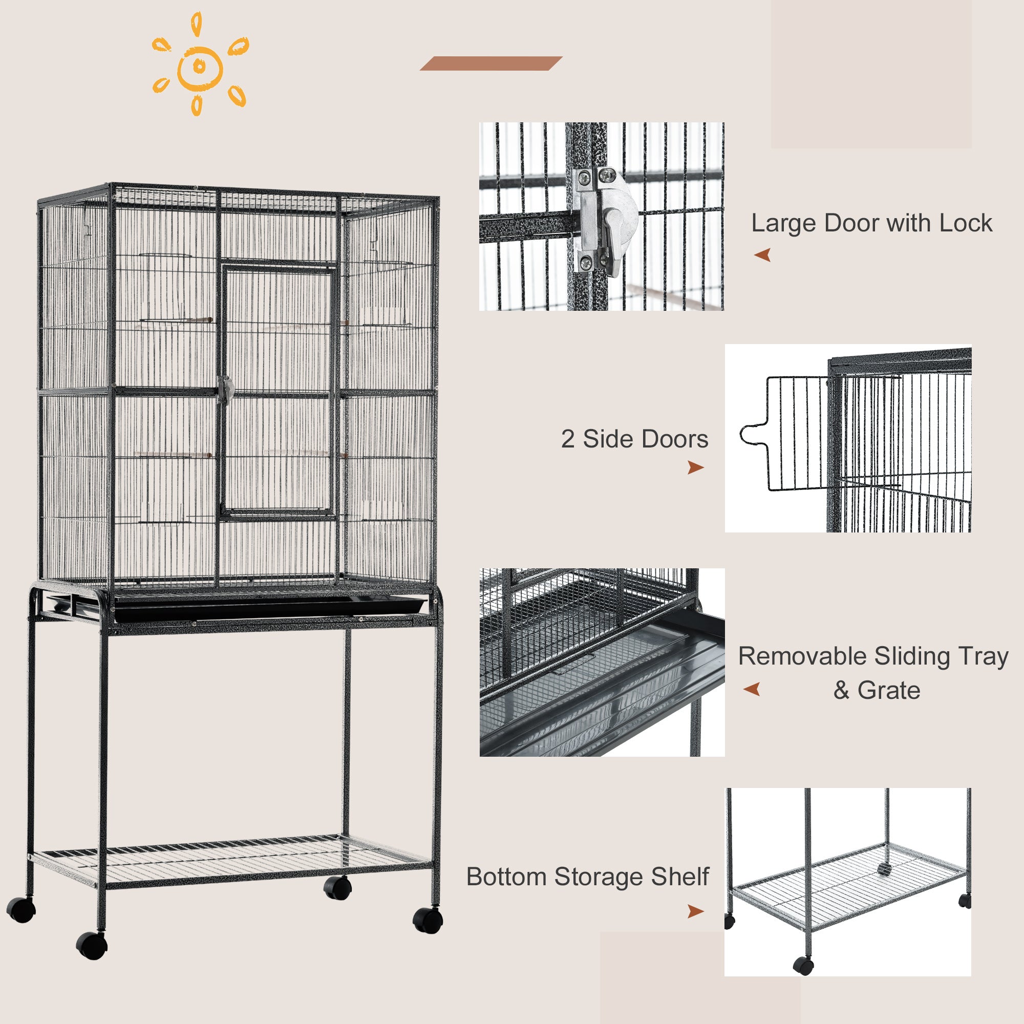 Large Rolling Metal Bird Cage Bird House with Detachable Rolling Stand, Storage Shelf, Wood Perch Food Container - Black
