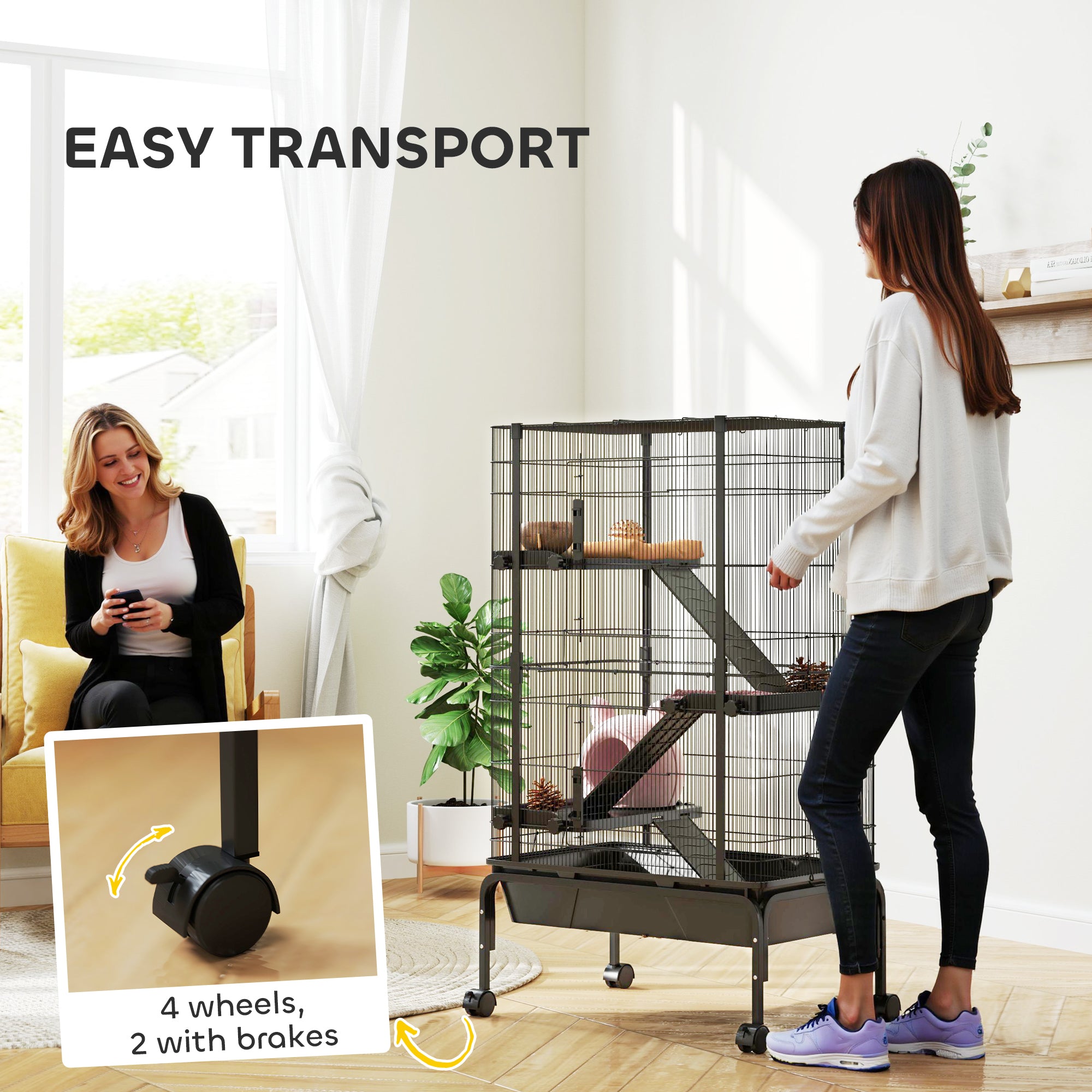 47"H Ferret Cage, Large 4-Tier Guinea Pig Cage with Wheels, Ramps, Bowl, Water Bottle & Removable Tray, Black