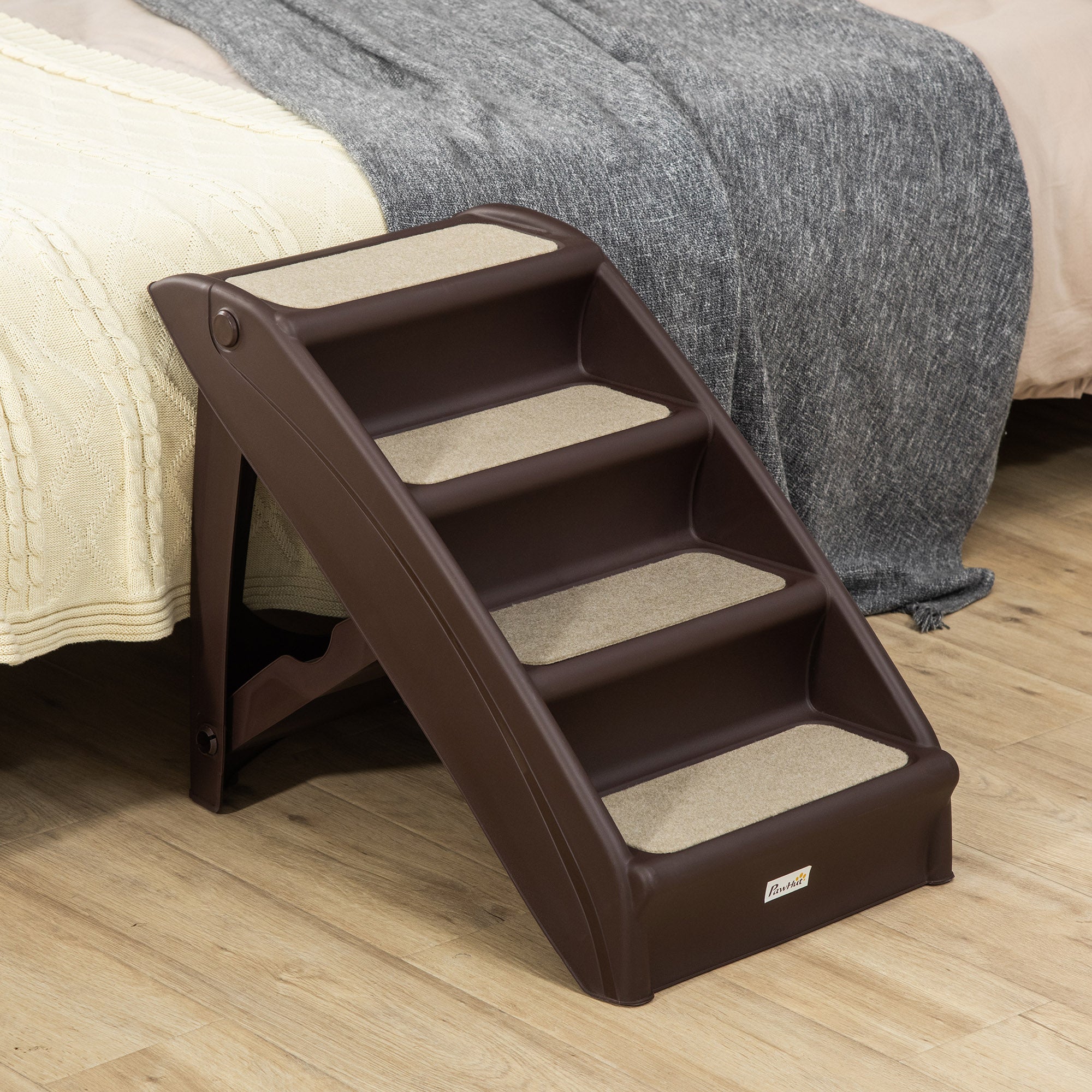 Escalier portable pour animaux à 4 niveaux, rampe pliable pour chiens, marches légères pour chats, avec tapis souples antidérapants, pour lit haut et canapé, jusqu’à 20 kg, brun foncé
