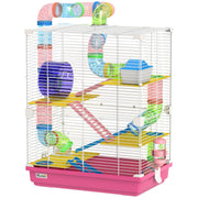 5 Tiers Hamster Cage Portable with Exercise Wheels Play Tube Water Bottle Dishes House Ladder for Gerbils, Pink