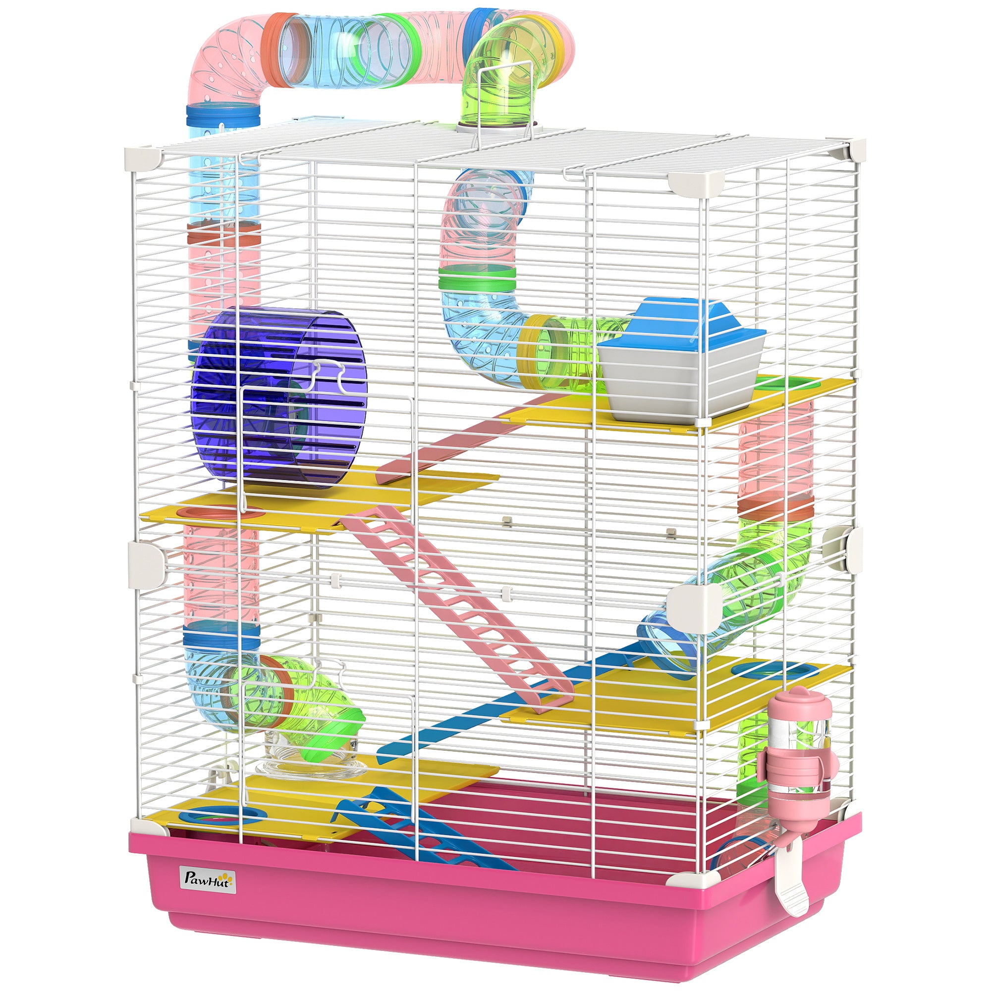 5 Tiers Hamster Cage Portable with Exercise Wheels Play Tube Water Bottle Dishes House Ladder for Gerbils, Pink
