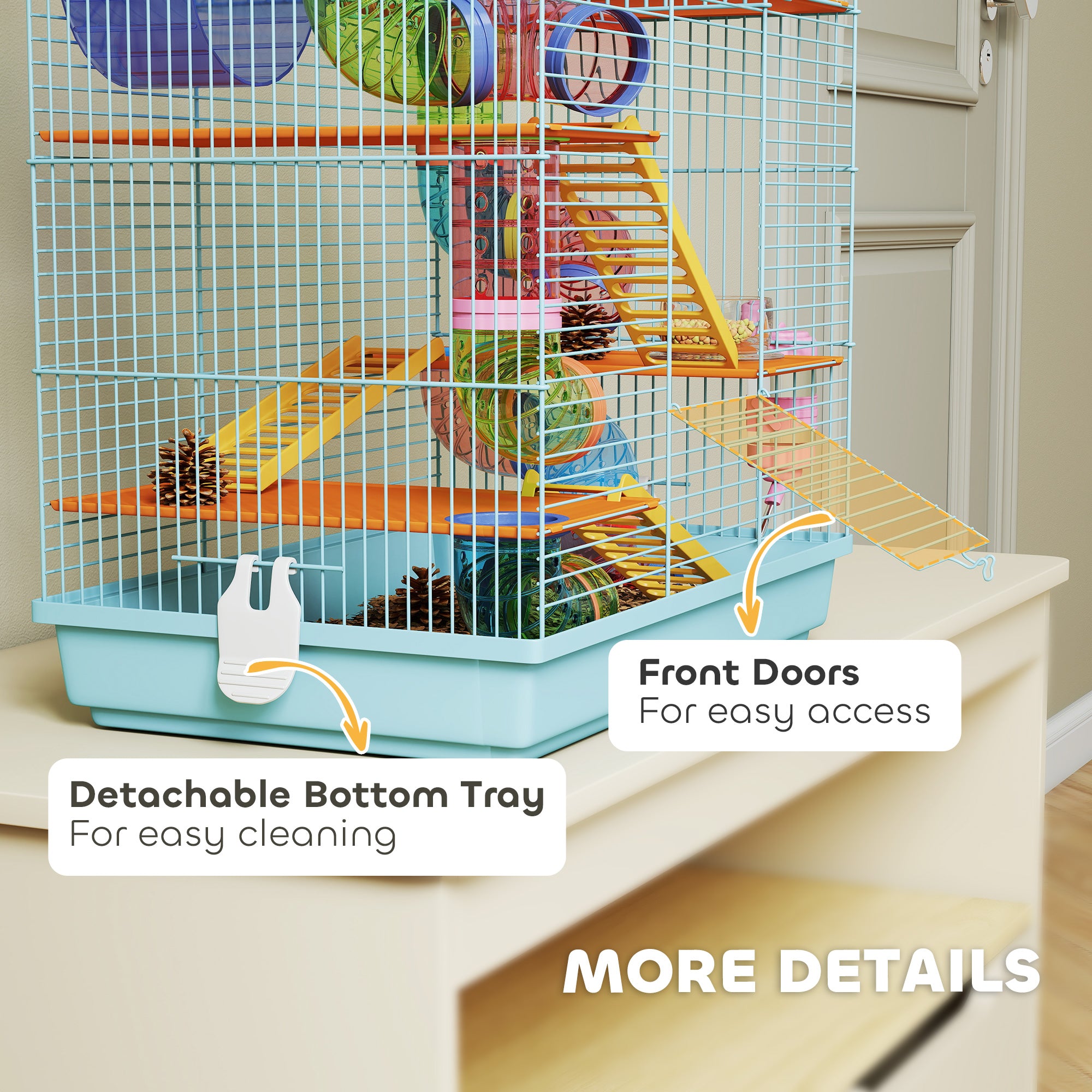 18.5" Hamster Cage, 5 Tiers Small Animal House with Tunnel Tube System, Exercise Wheel, Water Bottle, Light Blue