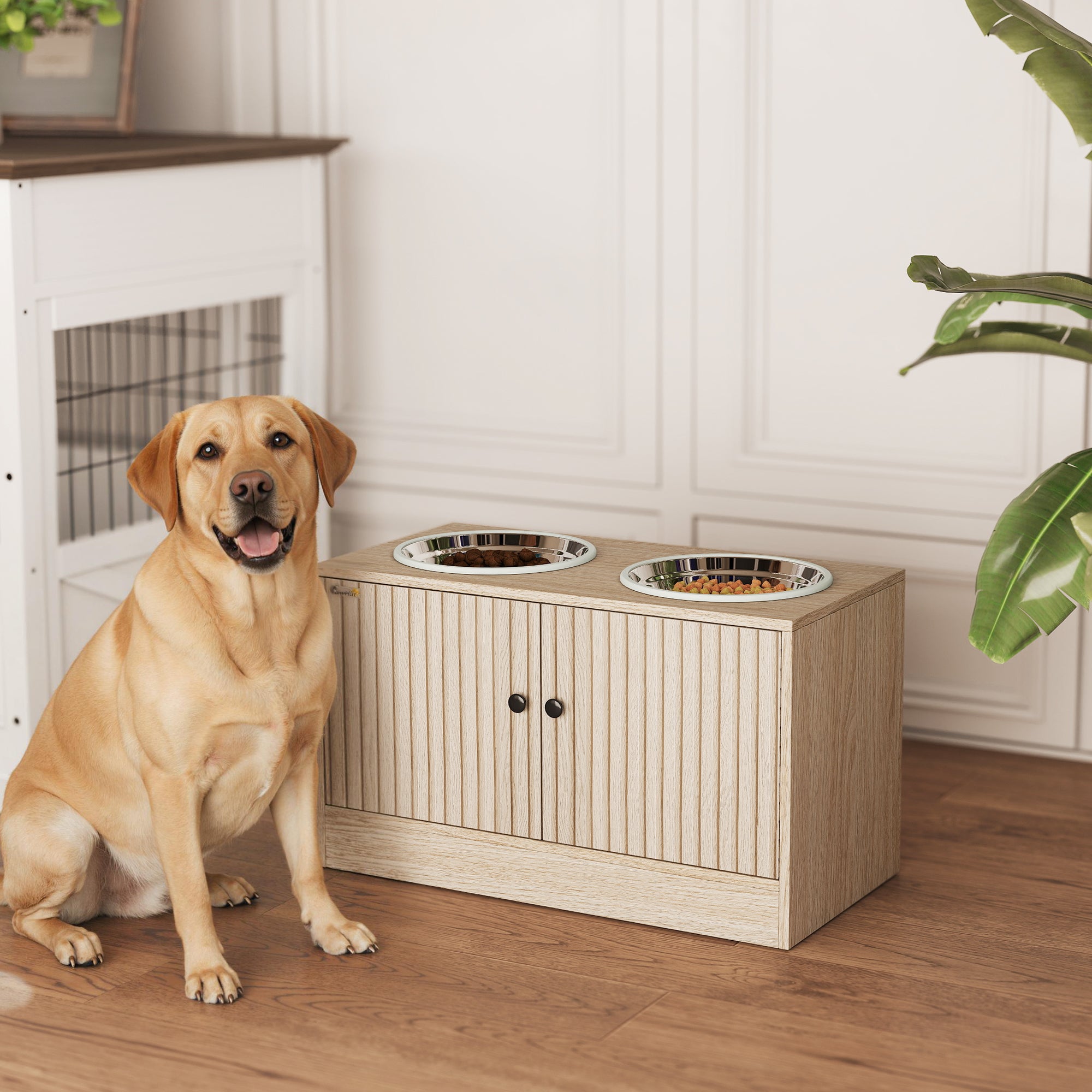 Raised Dog Bowls with Storage, Slow Feeder,  2 Stainless Steel Food and Water Bowl Non-Slip, Oak