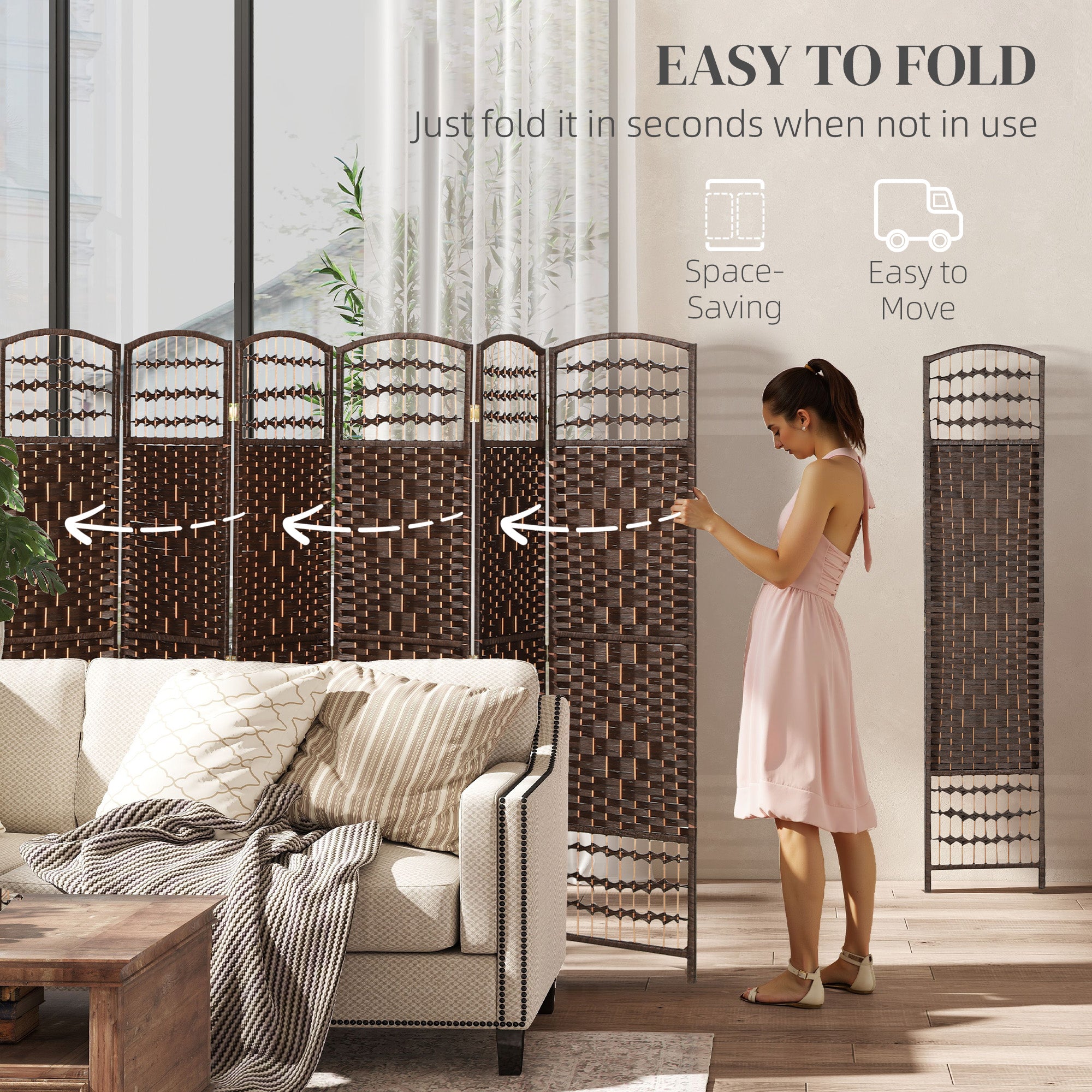 8 Panel Folding Room Divider, Portable Privacy Screen, Wave Fiber Room Partition for Home Office, Brown