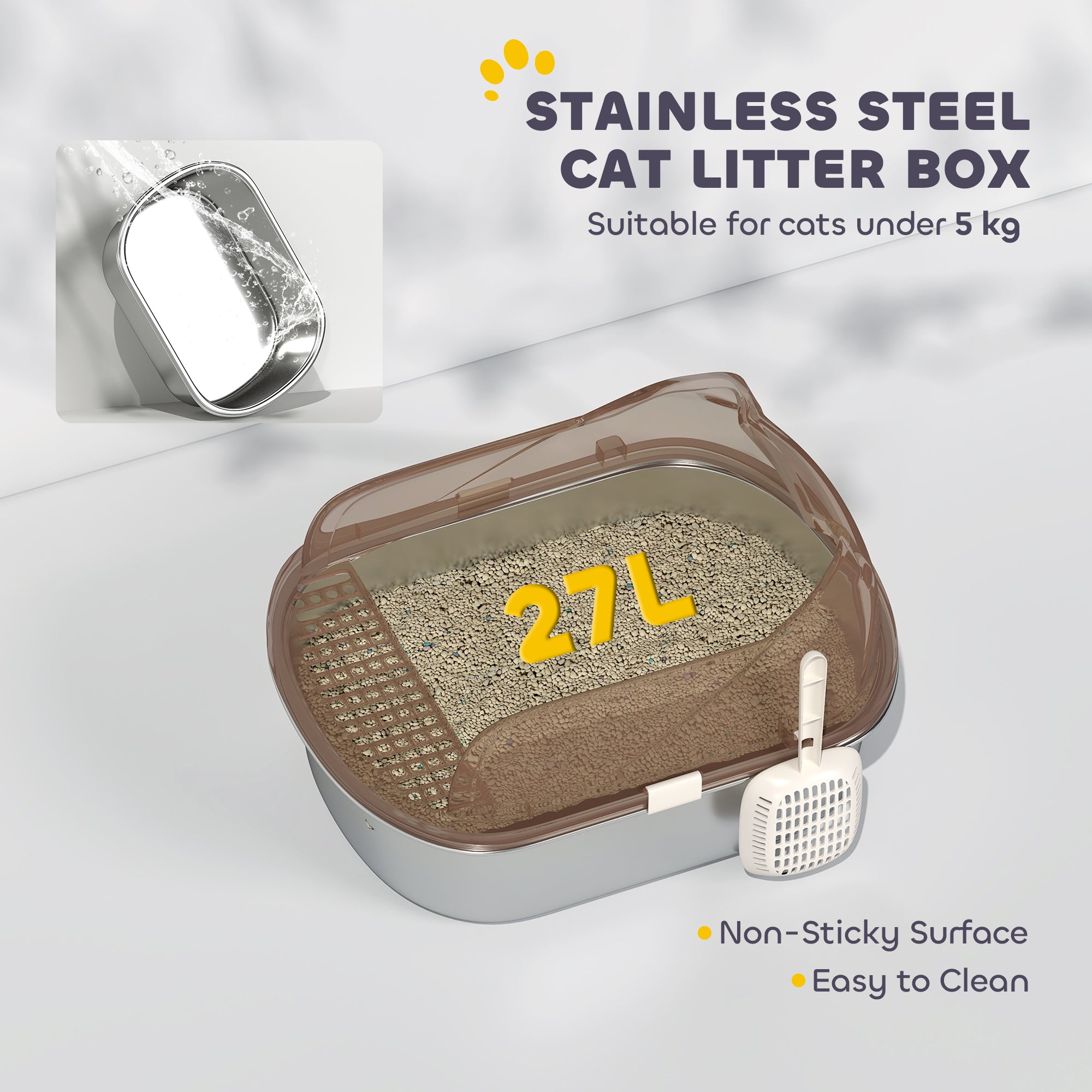 Stainless Steel Cat Litter Box with High Sided Enclosure, Scoop, Non-Sticky & Anti-Urine Leakage, Easy Cleaning