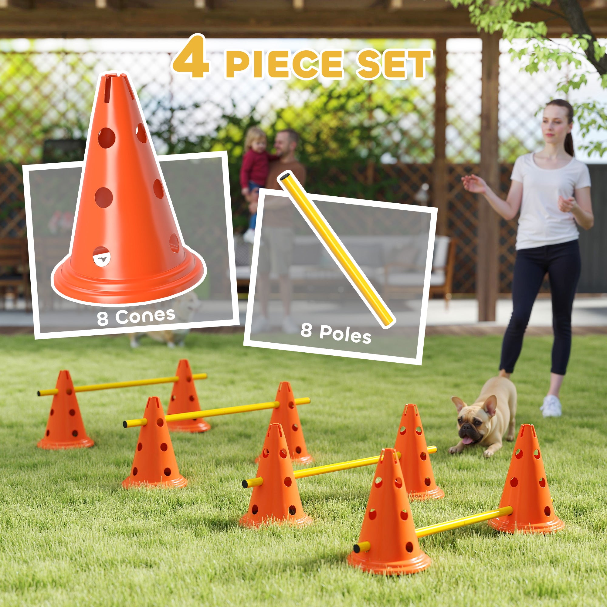 Ensemble de cônes pour haies d’agilité canine, équipement de parcours d’obstacles réglable avec 8 cônes et 8 poteaux, sac de transport, orange