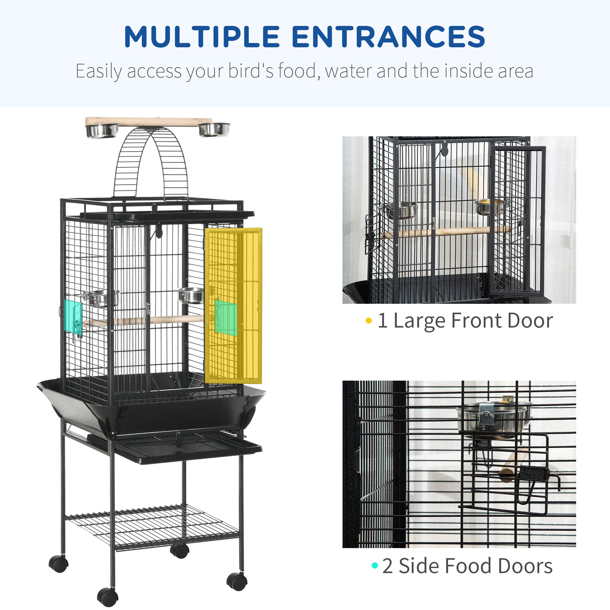 Cage à oiseaux de 61.5 pouces, maison pour perruches et calopsittes avec support, plateau amovible, aire de jeu supérieure, étagère de rangement, perchoir en bois et récipient à nourriture