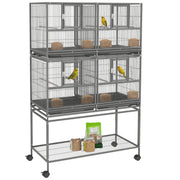 61"H Divided Breeder Bird Cage with Rolling Stand Removable Metal Tray, Storage Shelf, Wood Perch, and Food Container, Dark Grey