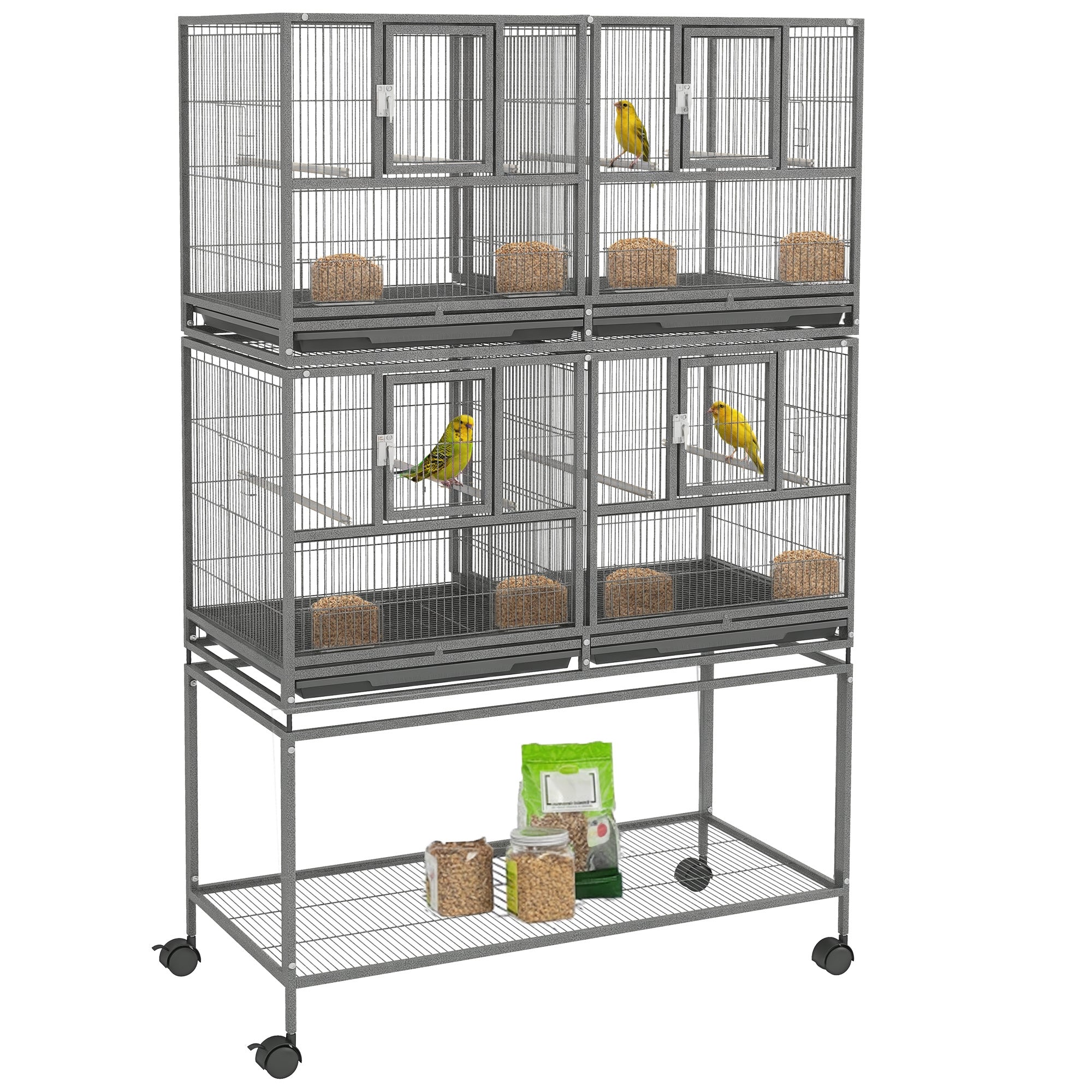 61"H Divided Breeder Bird Cage with Rolling Stand Removable Metal Tray, Storage Shelf, Wood Perch, and Food Container, Dark Grey