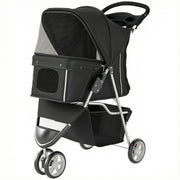 3 Wheels Foldable Dog Stroller with Storage Basket, Adjustable Canopy, Cupholder for Miniature and Small Dogs, Black