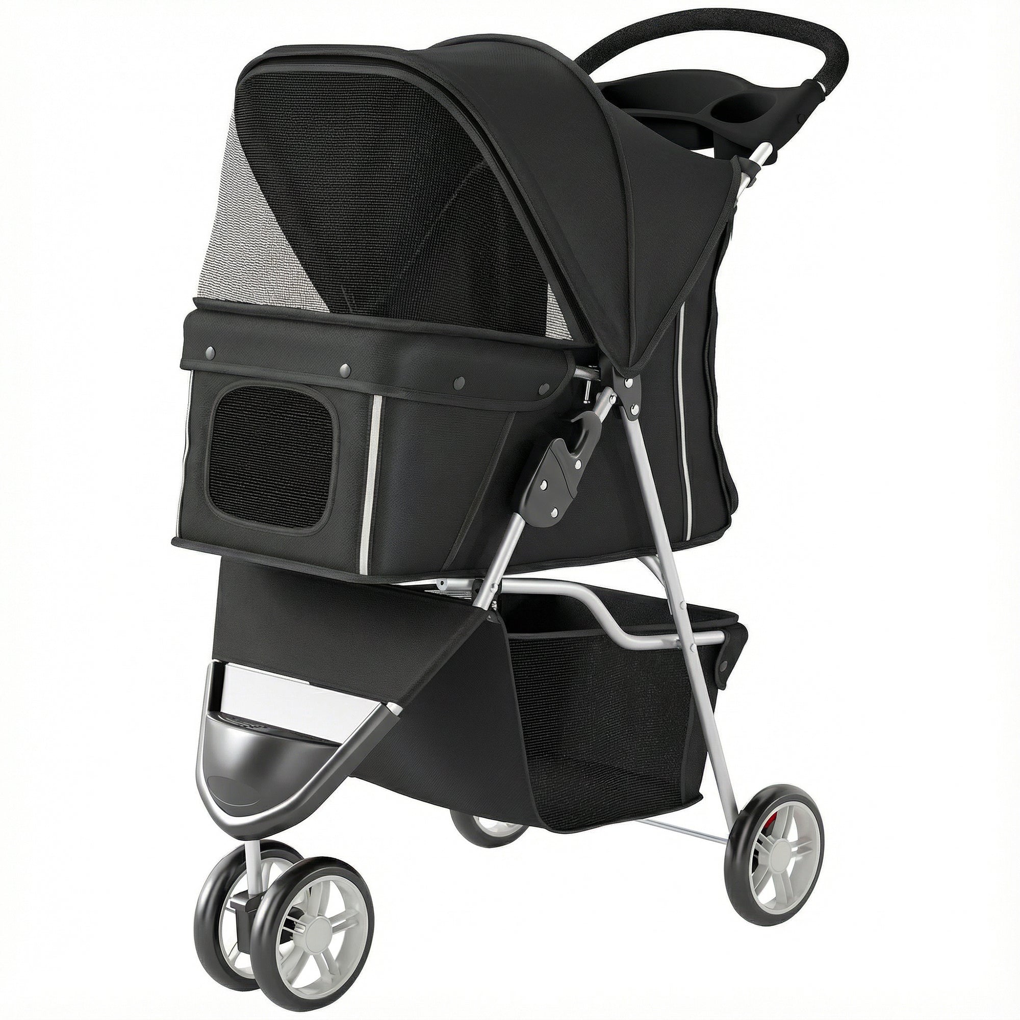 3 Wheels Foldable Dog Stroller with Storage Basket, Adjustable Canopy, Cupholder for Miniature and Small Dogs, Black