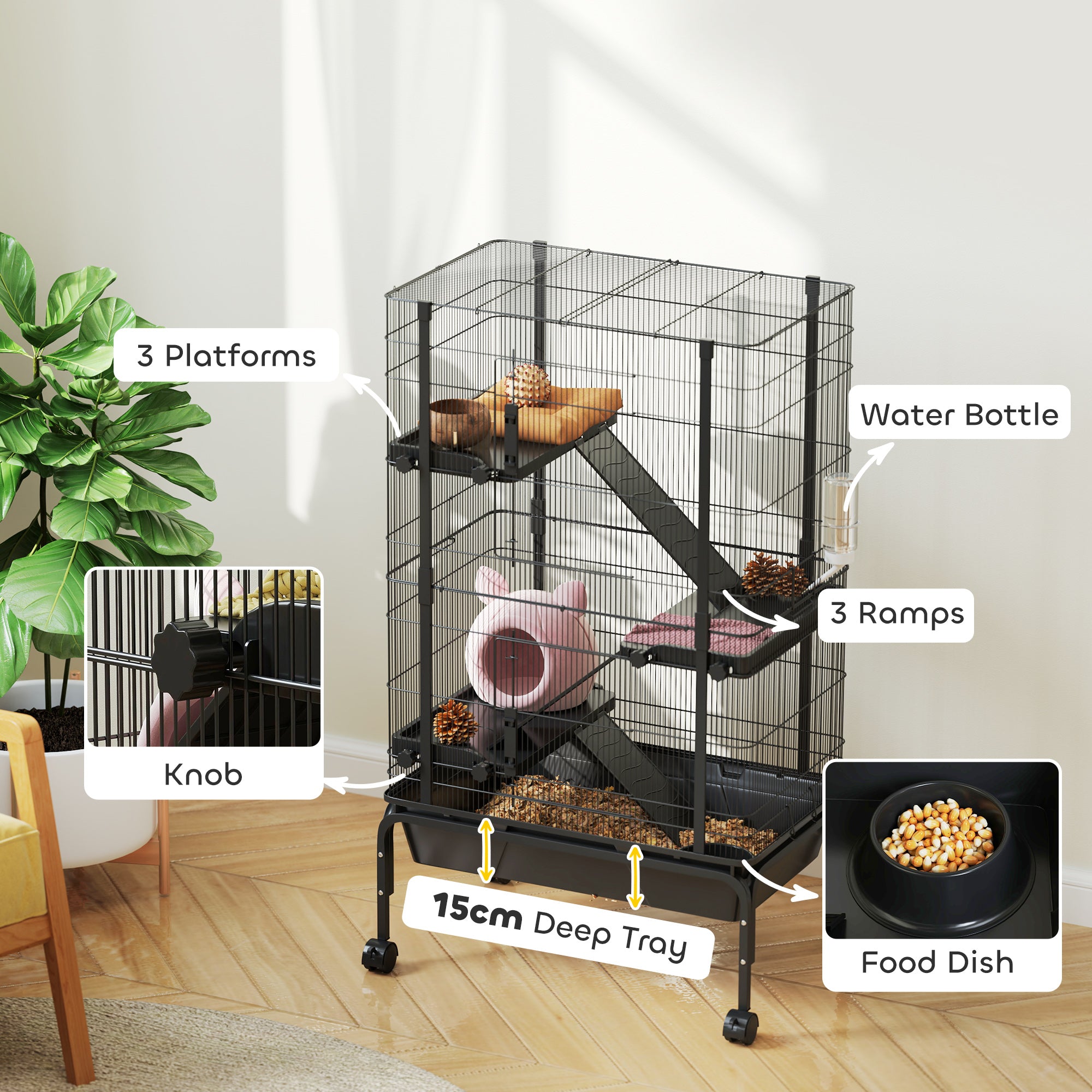47"H Ferret Cage, Large 4-Tier Guinea Pig Cage with Wheels, Ramps, Bowl, Water Bottle & Removable Tray, Black