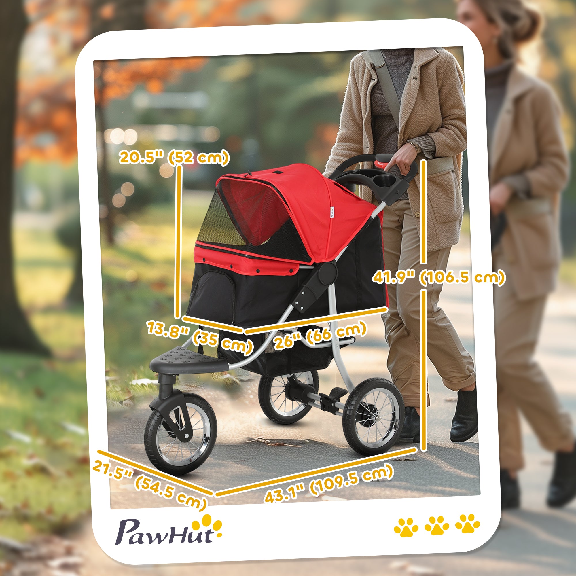 Pet Stroller for Small Dogs, 3 Rubber Wheels, One-click Easy Folding All-Terrain Dog Stroller, Adjustable Canopy, Zippered Mesh Window Door, Storage Basket, Red