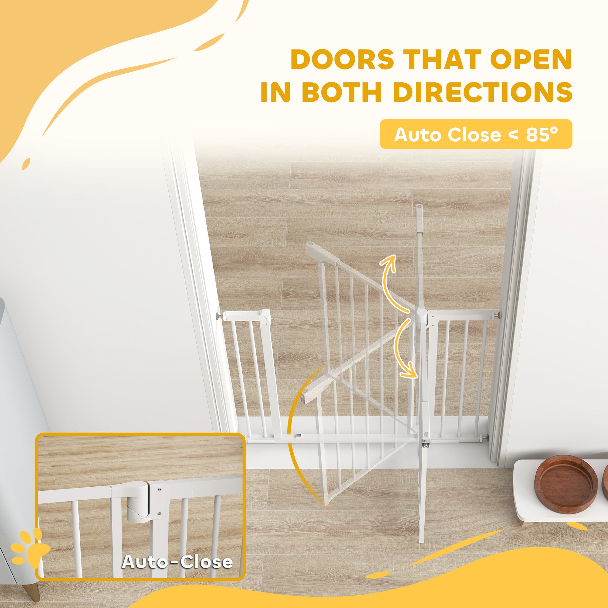 Baby Gate, Pet Safety Gate Pressure Fit, Wide with Two-Way Open, Auto-Close for Stair, Doorways, Hallways, 30"H, White
