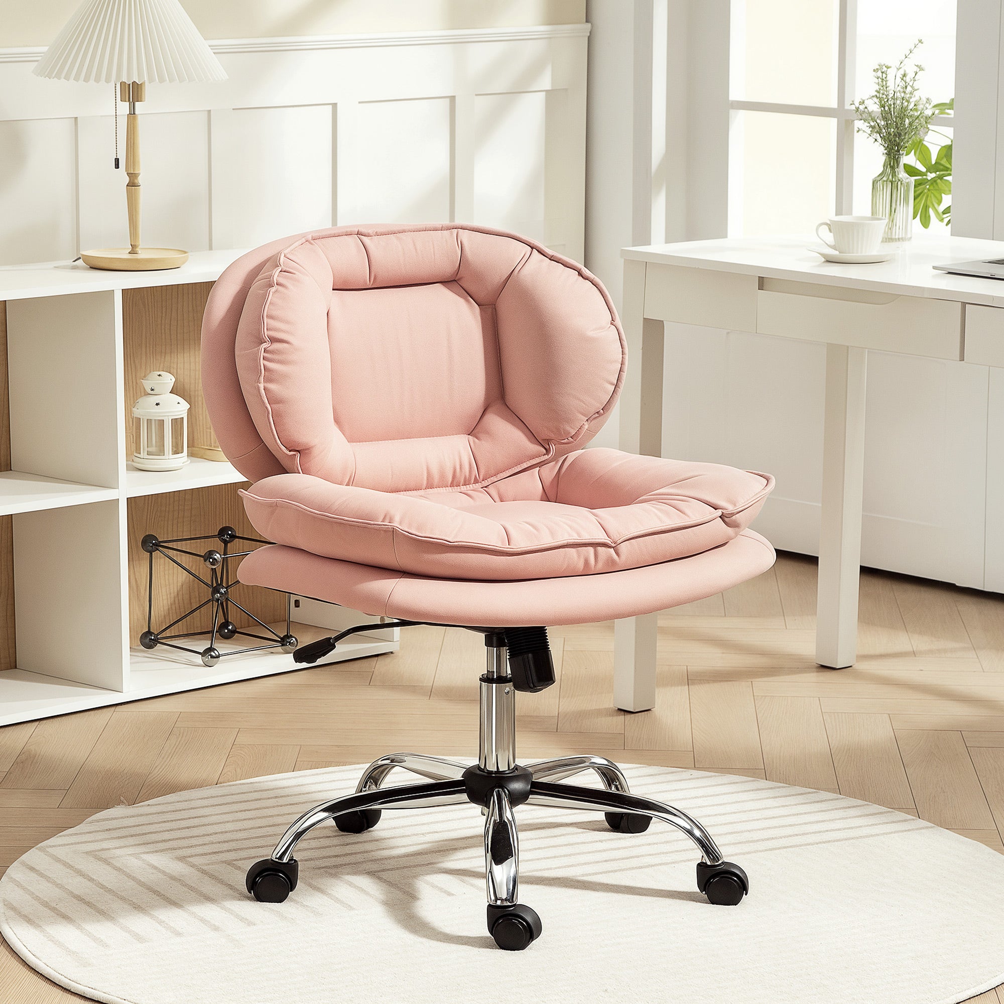 Criss Cross Chair, Swivel Wide Office Chair with Leathaire Upholstery, Tilting, No Arm, Pink-Office Products > Office Furniture > Office Chairs > Task Chairs-DECOROLALA