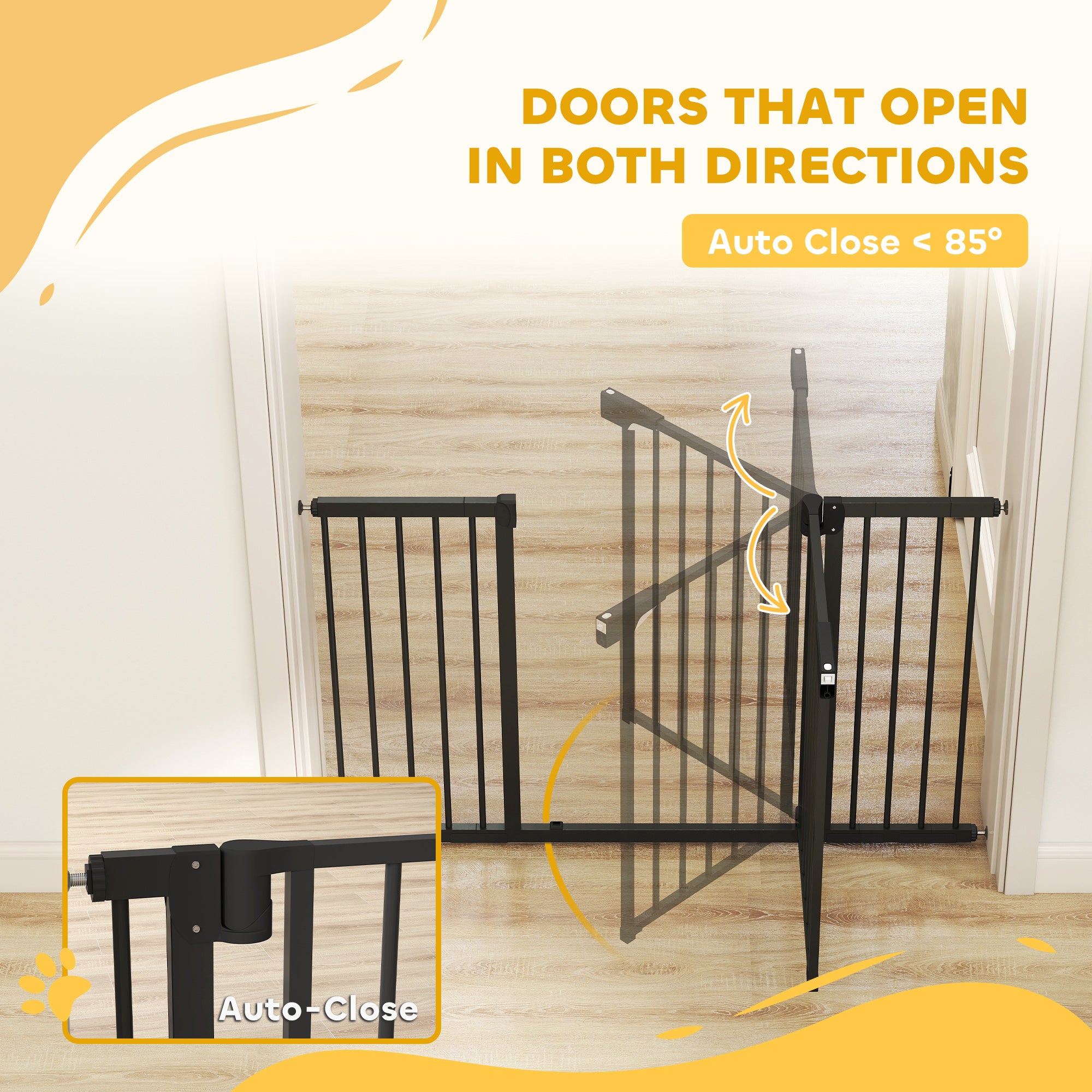 Baby Gate, Pet Safety Gate Pressure Fit, 30"-51" Wide with Two-Way Open, Auto-Close for Stair, Doorways, Hallways, Black