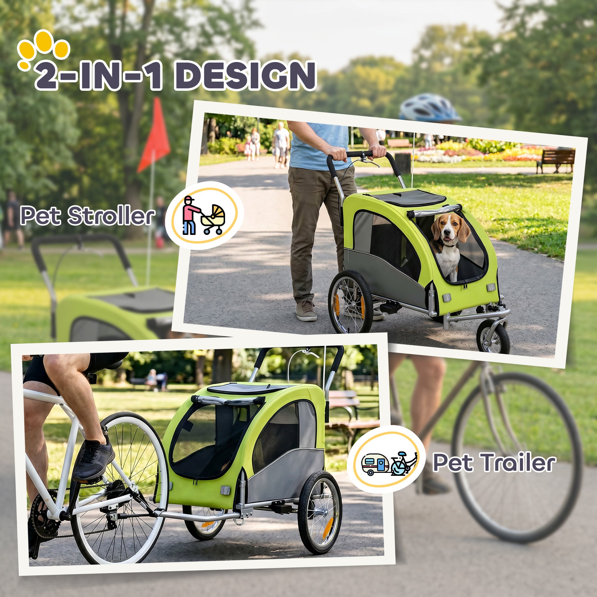 Aosom 2 in 1 Dog Bike Trailer, Foldable Pet Stroller, Dog Bicycle Trailer with Suspension, Universal Bicycle Coupler, Green