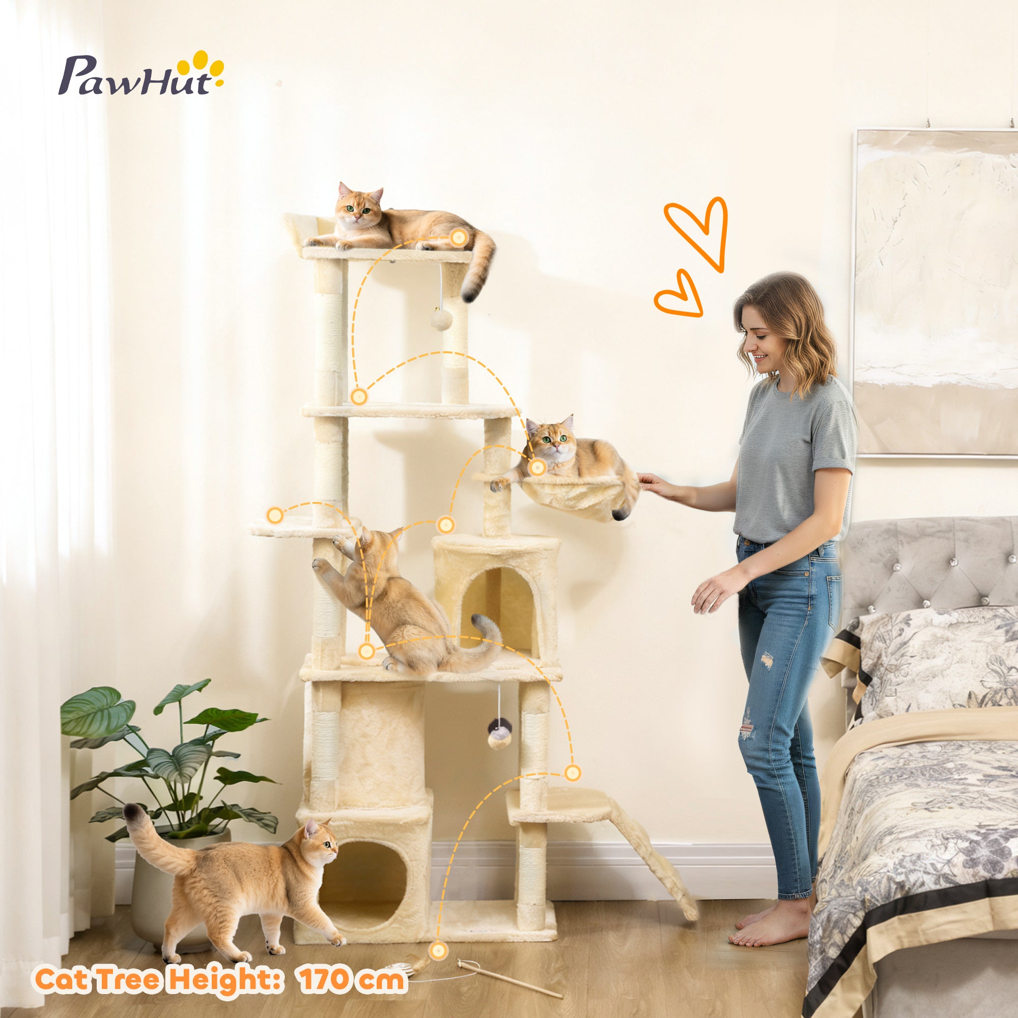 67" Large Cat Tree with 7 Scratching Posts, Tunnel, 2 Condos, Hammock, Perch, Ramp, Pompoms, Beige