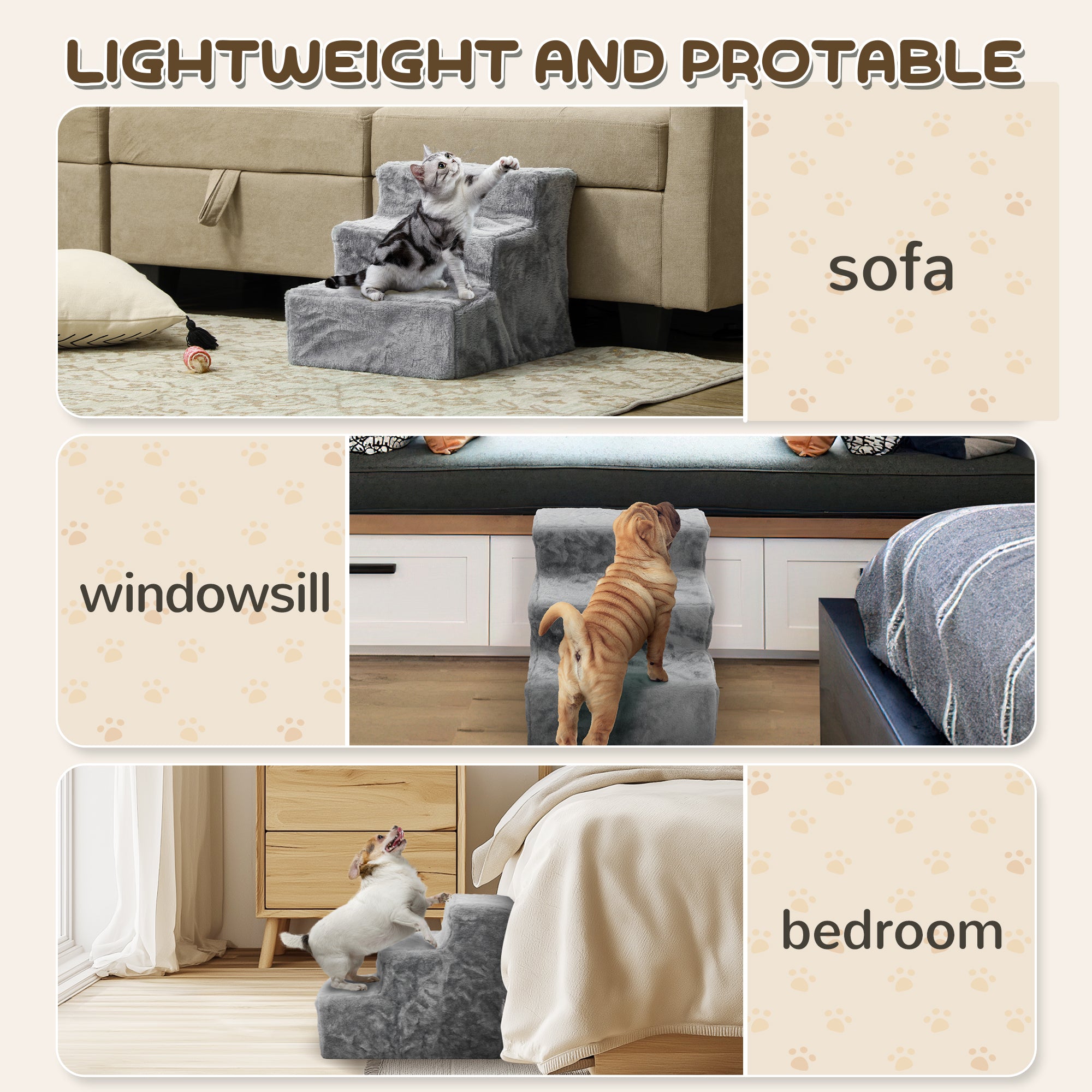 3-Step Dog Ramp for Sofa, Bed, and Couch, with Removable Cover, Light Grey