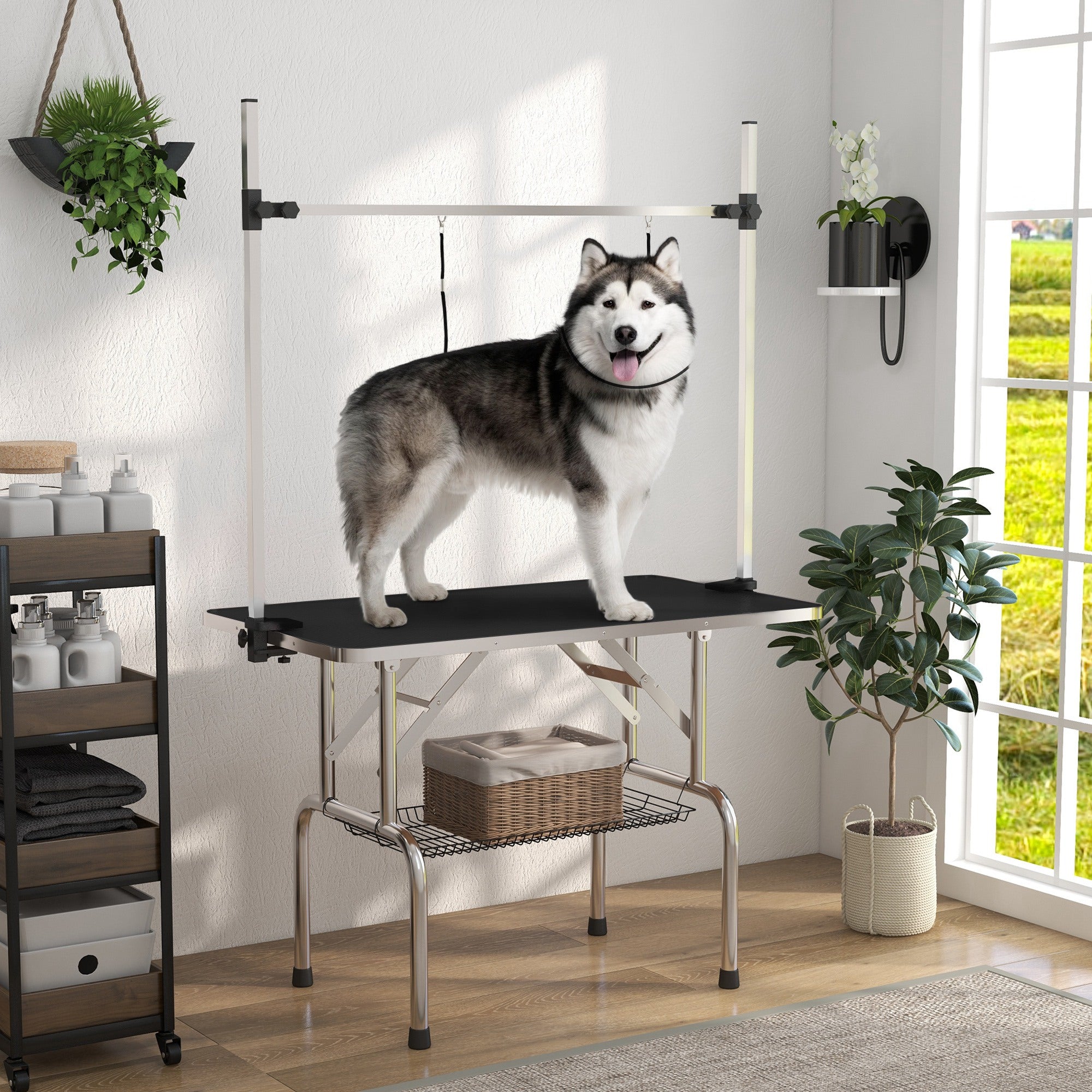 Adjustable Dog Grooming Table with 2 Safety Slings, Storage Basket, Black