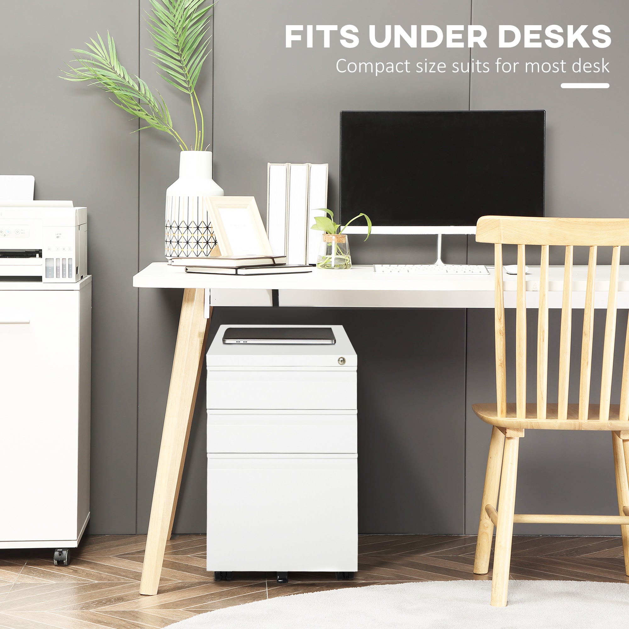 3 Drawer Lockable Steel Filing Cabinet on Wheels - White