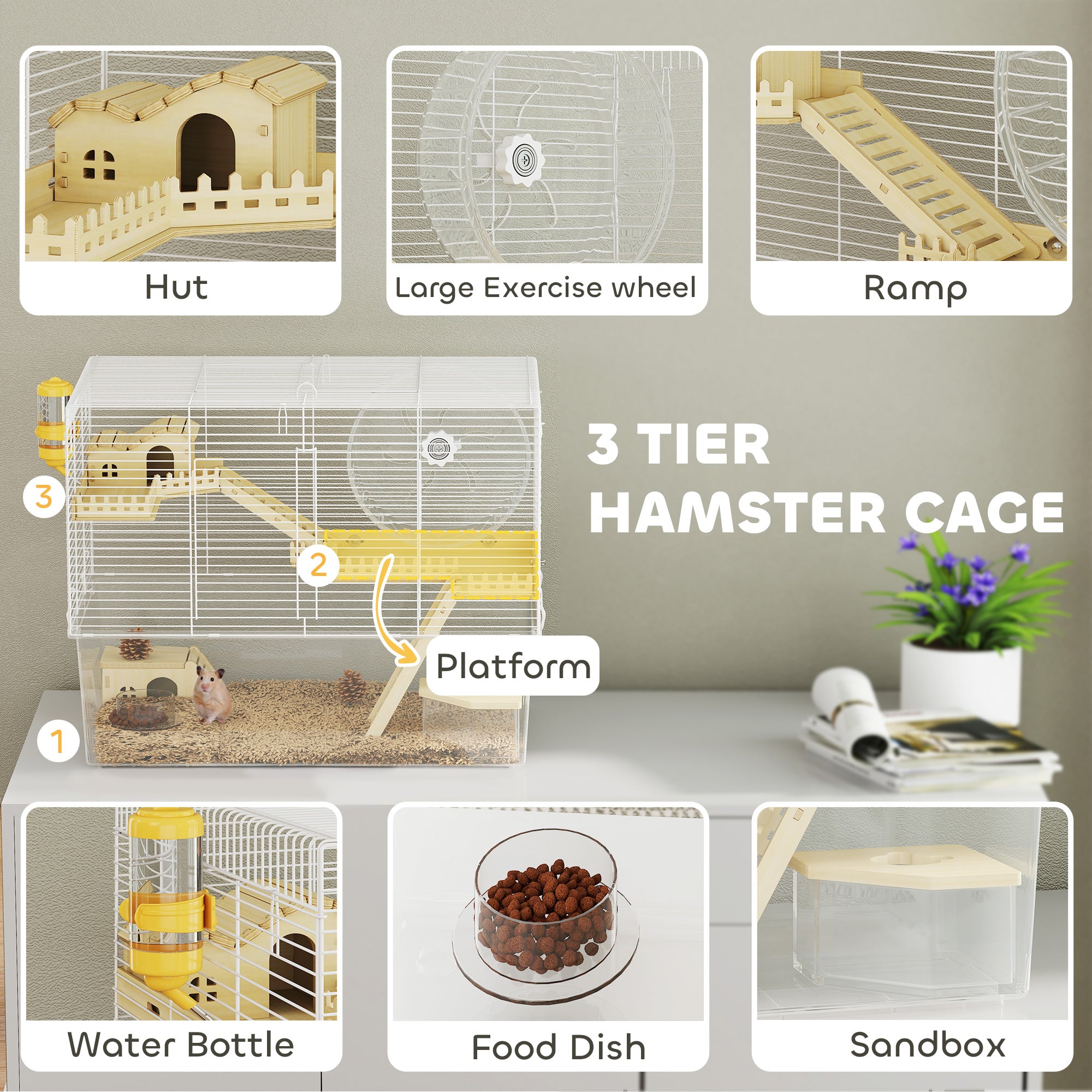 Hamster Cage with Deep Bottom, Wooden Ramp, Hut, Bathroom and Exercise Wheel for Hamster and Gerbil, White