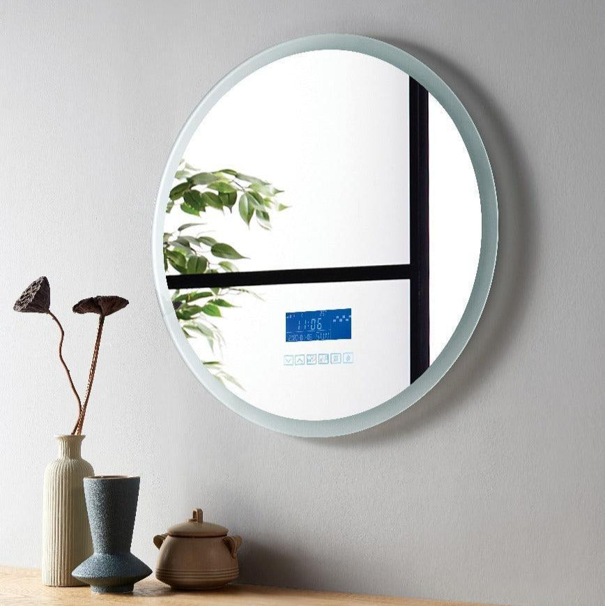 24" Round Smart LED Mirror with Touch Screen Interface & Bluetooth Speakers - Circular Frosted Edge Lighting Mirror with 360-Degree Glow, Automatic Anti-Fog & Digital Display