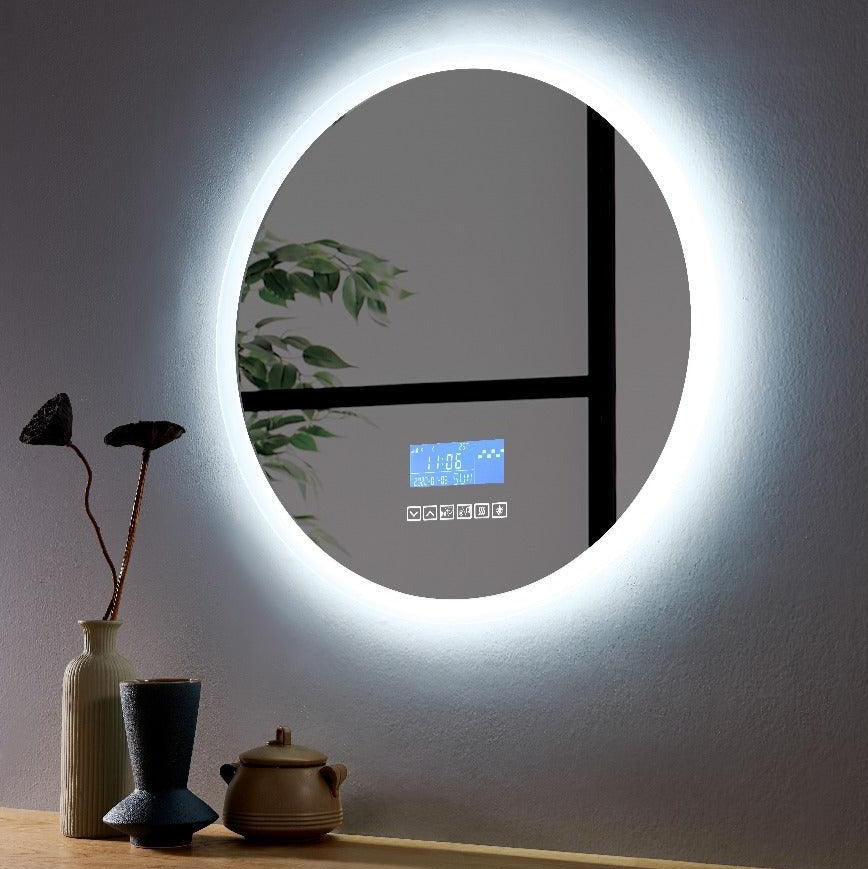 24" Round Smart LED Mirror with Touch Screen Interface & Bluetooth Speakers - Circular Frosted Edge Lighting Mirror with 360-Degree Glow, Automatic Anti-Fog & Digital Display