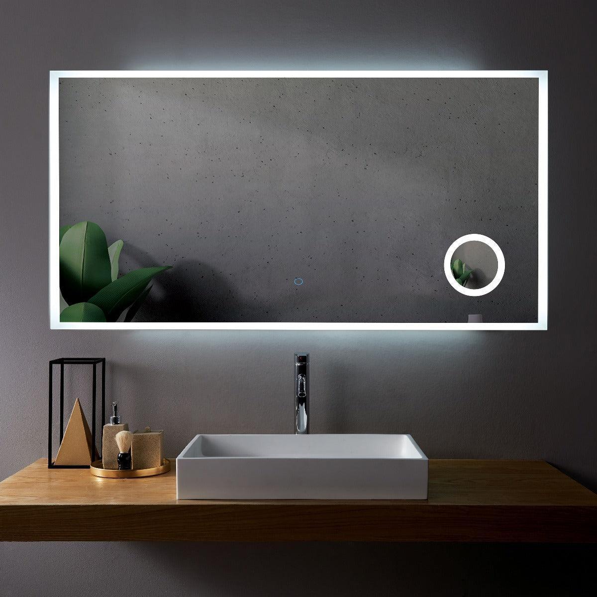 60" x 29.5" LED Bathroom Mirror with Built-in 3X Magnifying Mirror - Frameless Anti-Fog Smart Mirror with Dimming Control, Energy-Saving LED Lighting & Dual Mirror Design