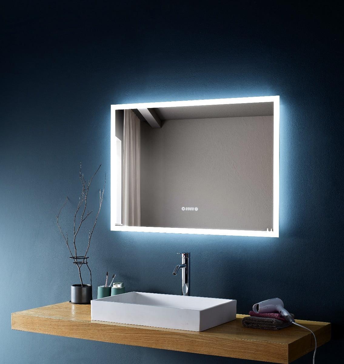 40" x 30" Smart LED Bathroom Mirror with Digital Time & Temperature Display - Professional Anti-Fog Mirror with Dual Color Temperature (3000K/6000K), Touch Dimming Control & 5mm Copper-Free Silver Glass