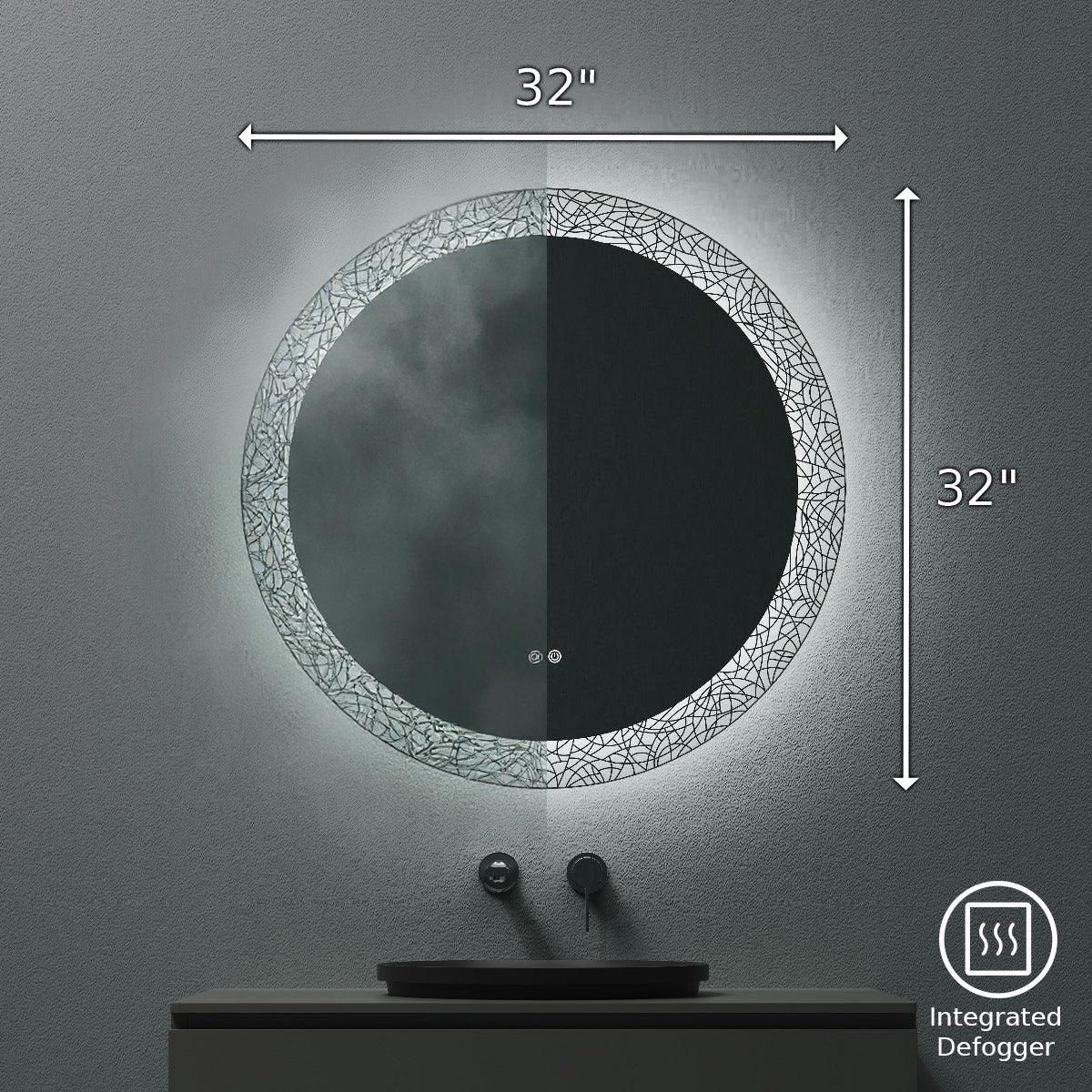32" LED Round Bathroom Mirror with Laser Pattern Design - Anti-Fog Smart Mirror with Dimming Function, 6000K Cool White Lighting & 3-Touch Sensor Switch for Modern Vanity