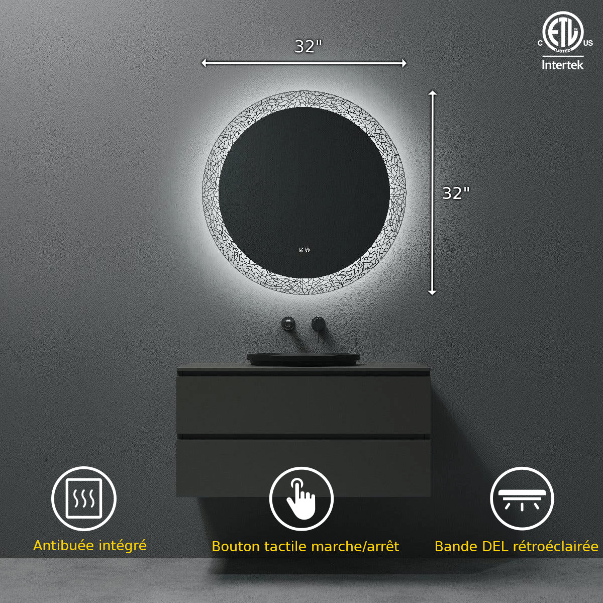 32" LED Round Bathroom Mirror with Laser Pattern Design - Anti-Fog Smart Mirror with Dimming Function, 6000K Cool White Lighting & 3-Touch Sensor Switch for Modern Vanity