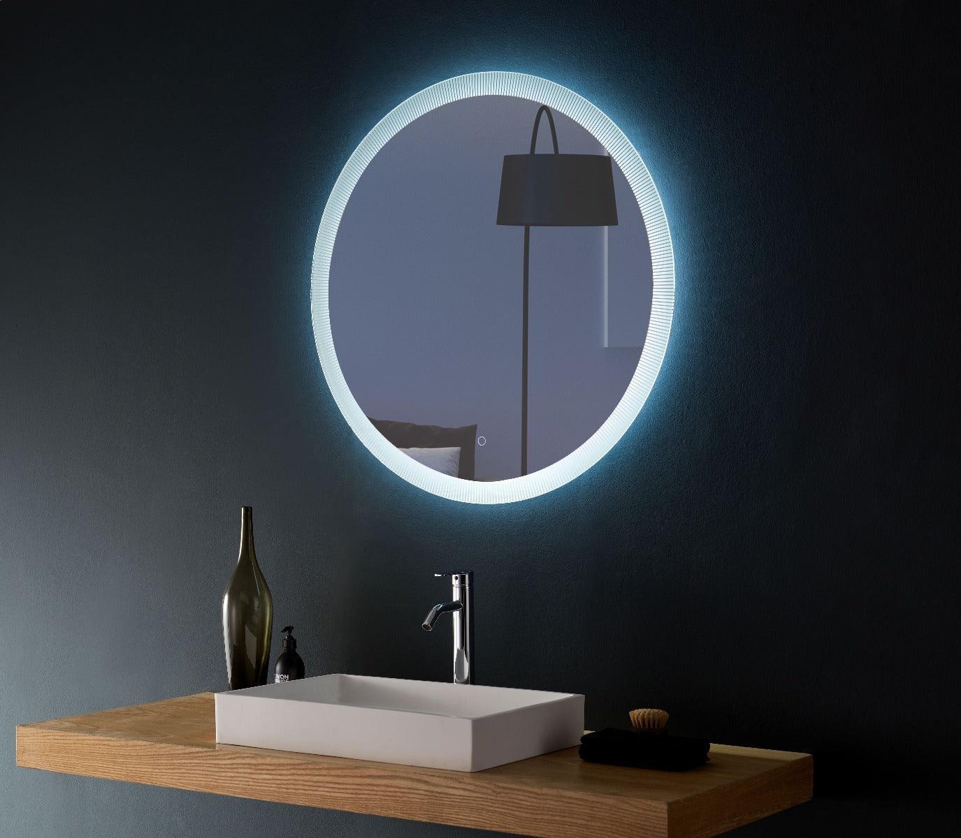 28" Round LED Bathroom Mirror with Full Perimeter Frosted Edge Lighting - Energy-Efficient Halo Effect Mirror with Circular Illumination & Compact Wall Design