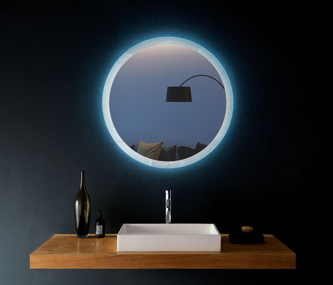 28" Round LED Bathroom Mirror with Full Perimeter Frosted Edge Lighting - Energy-Efficient Halo Effect Mirror with Circular Illumination & Compact Wall Design