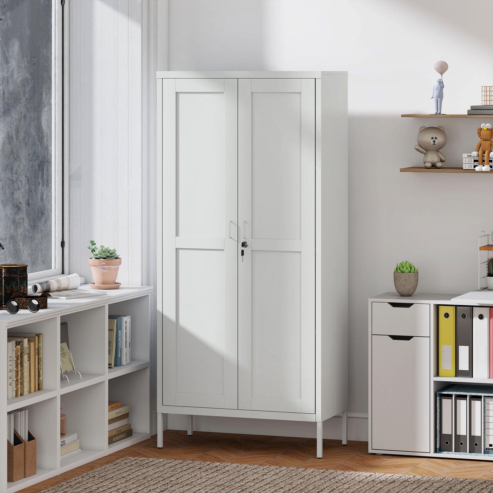 Lockable Steel Storage Cabinet - 3 Shelves 2 Doors White