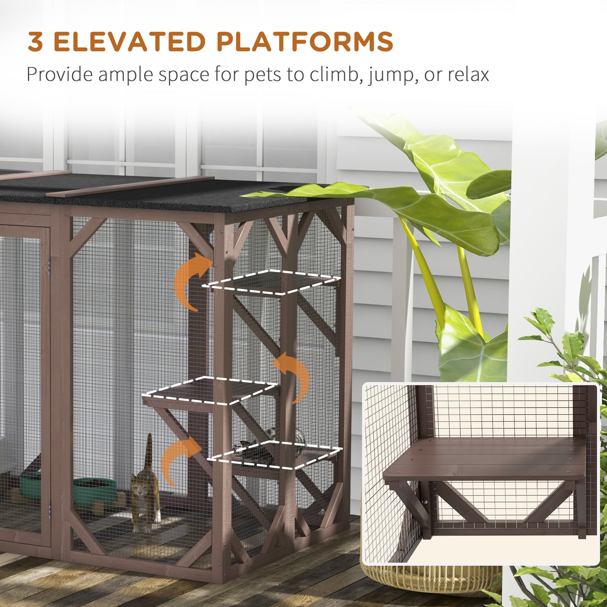 71"L Catio Outdoor Cat Enclosure, Indoor Cat Cage, Pet House, Small Animal Hutch for 1-2 Rabbit, Kitten, Kitty Crate Kennel w/ Waterproof Roof, Multi-Level Platforms, Brown