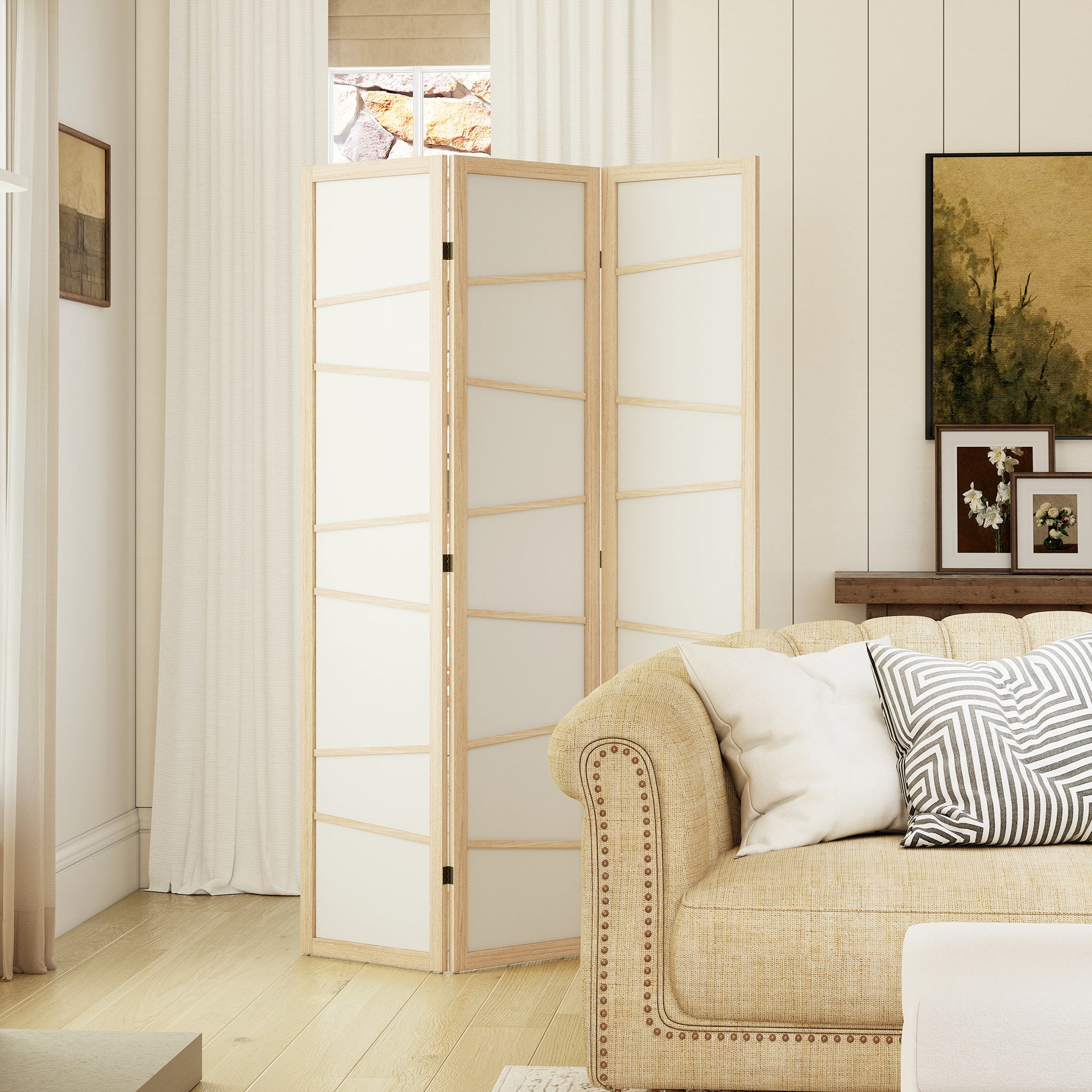 66.9" Folding Room Divider, 3 Panel Wall Partition with Wood Frame for Bedroom, Home Office, Natural Wood