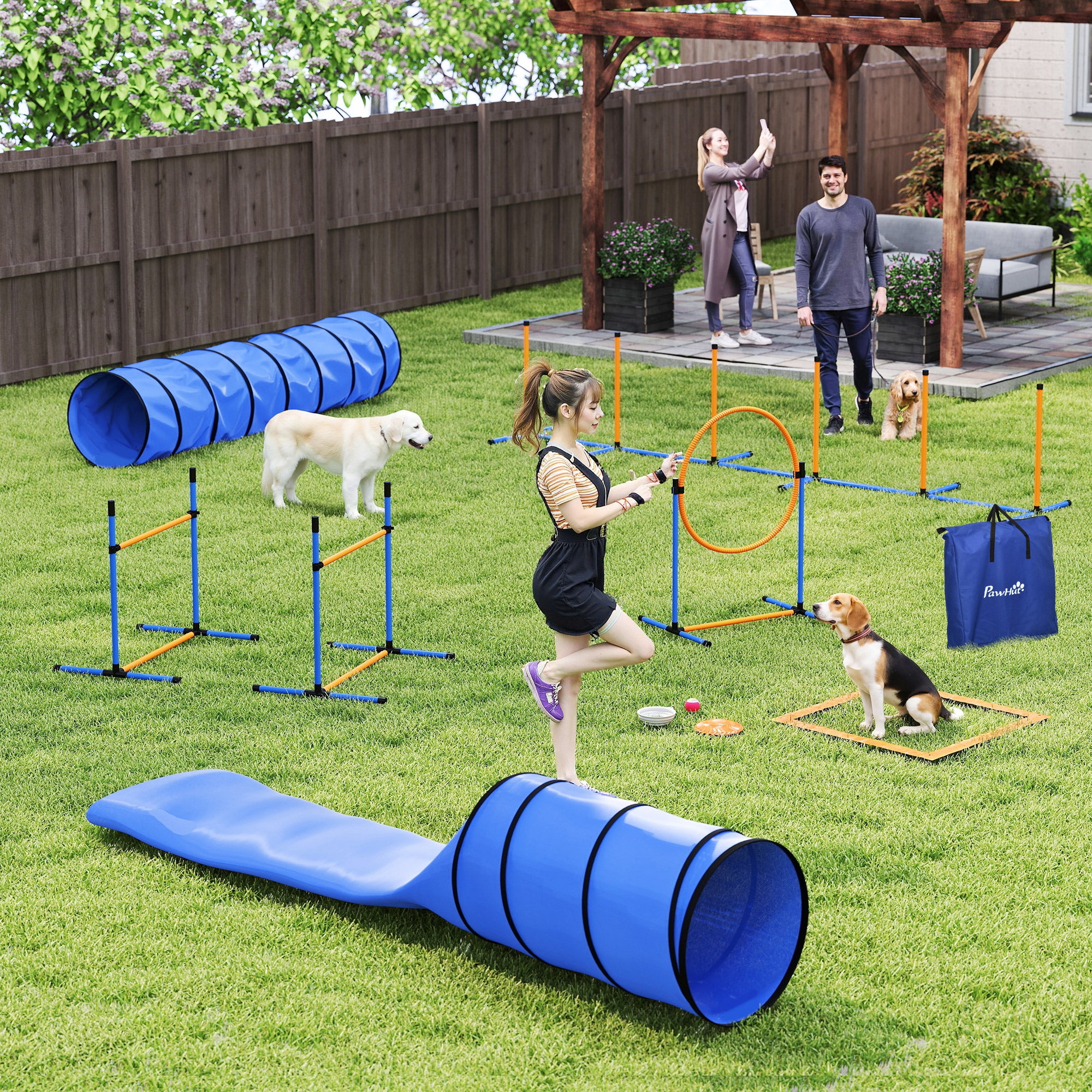 13-Piece Dog Agility Training Equipment Set, Pet Obstacle Course with 2 Tunnels, Adjustable Jumps, Orange Blue
