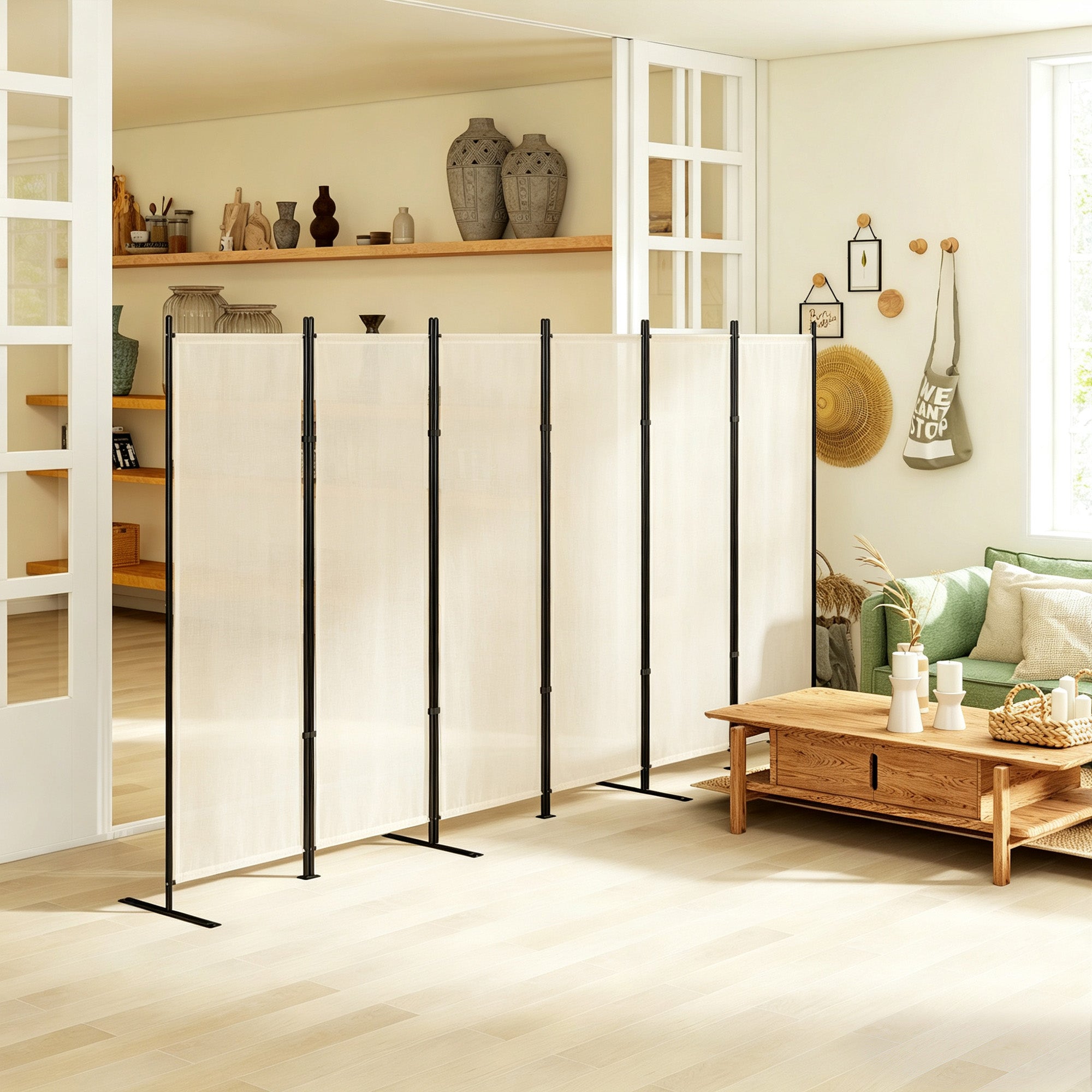 6 Panel Room Divider, 6 Ft Folding Privacy Screen, Portable Freestanding Partition Wall Divider, Beige