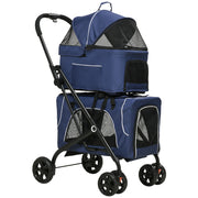 Poussette double 3-en-1 pour petits chiens miniatures et chats, avec sac de transport amovible et pliable, siège auto, bleu