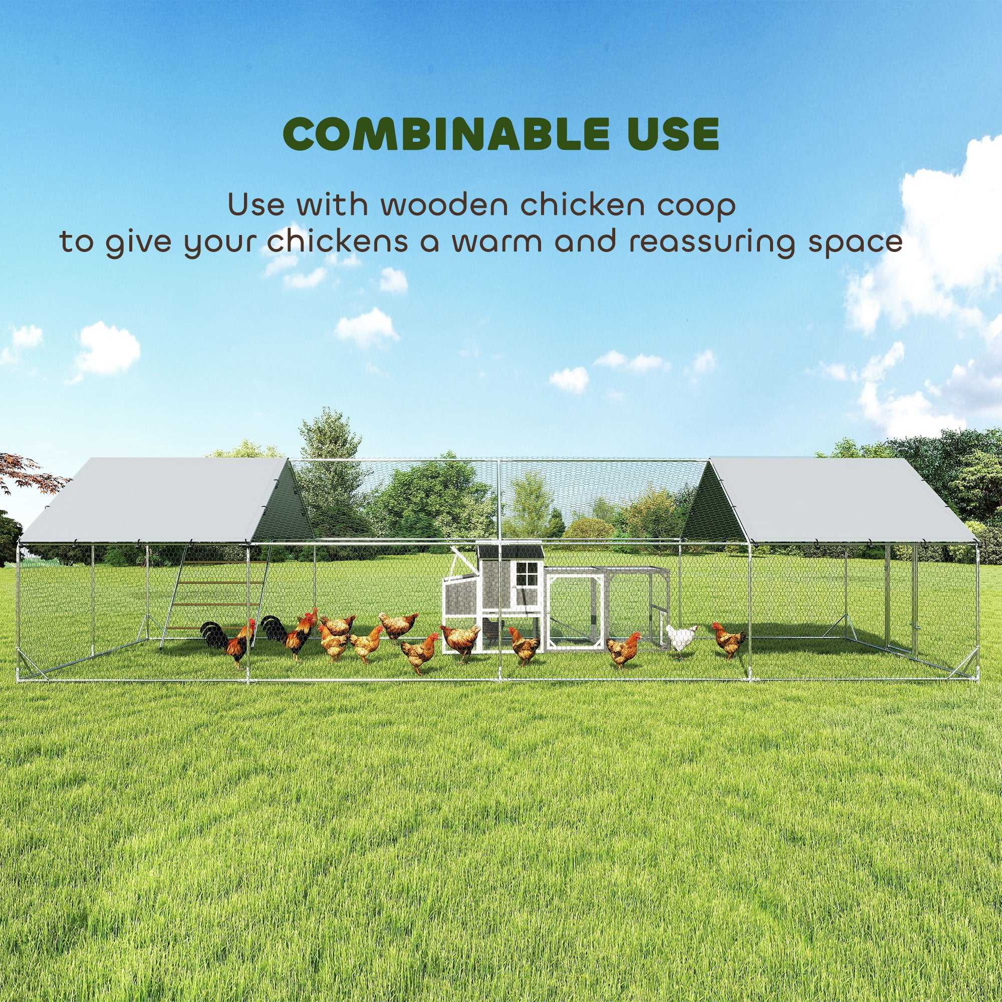 Large Metal Chicken Run with Waterproof & UV-Resistant Cover, Feeding Door, Hanging Feeder, Perch, for 24-30 Chickens