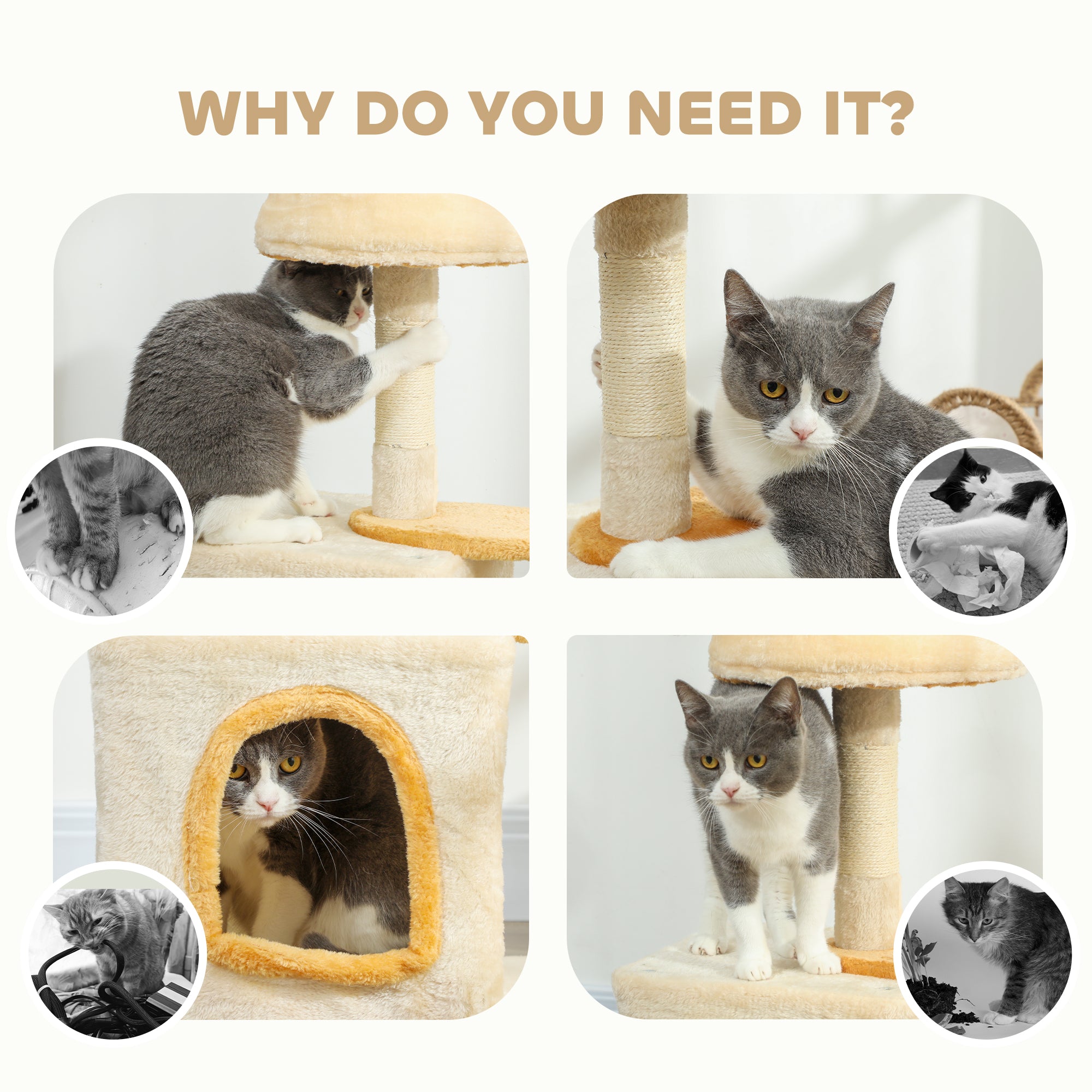 28" Cat Tree Tower with Plush Top Bed, Cozy Condo, Sisal Scratching Post, Perch, Dangling Ball, Beige and Yellow