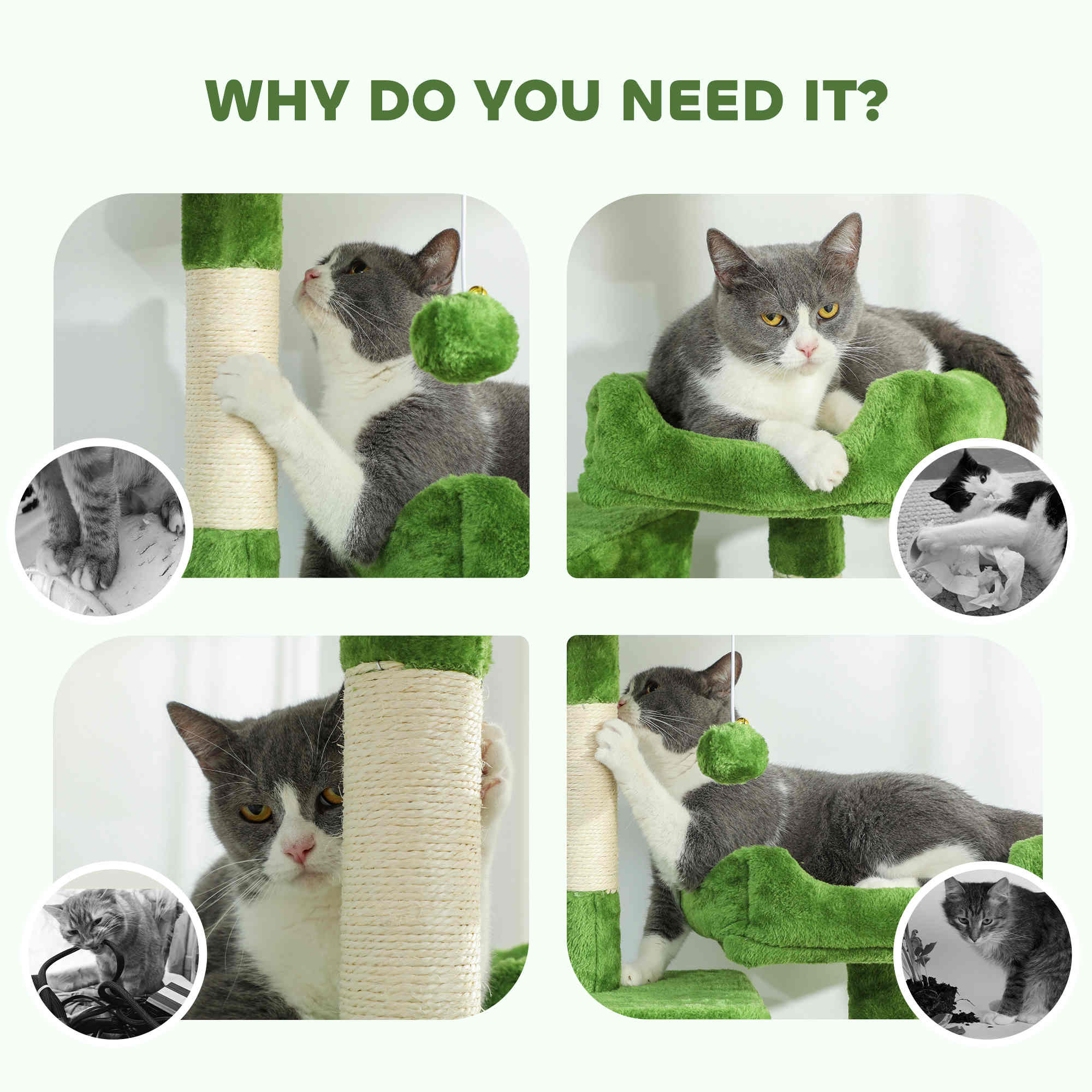 Cat Tree, 70" Multi-Level Cat Tower with 2 Condos, 2 Perches, Hammock, Toy Balls, Scratching Posts and Board, Green